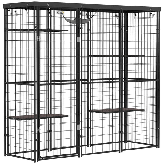 Catio Outdoor Cat Enclosure, Weld Wire Outdoor Cat House with Waterproof Cover, 4 Jumping Platforms, Hammock, Cat Cage Indoor for 1-3 Kittens, 69" x 22" x 62", Black