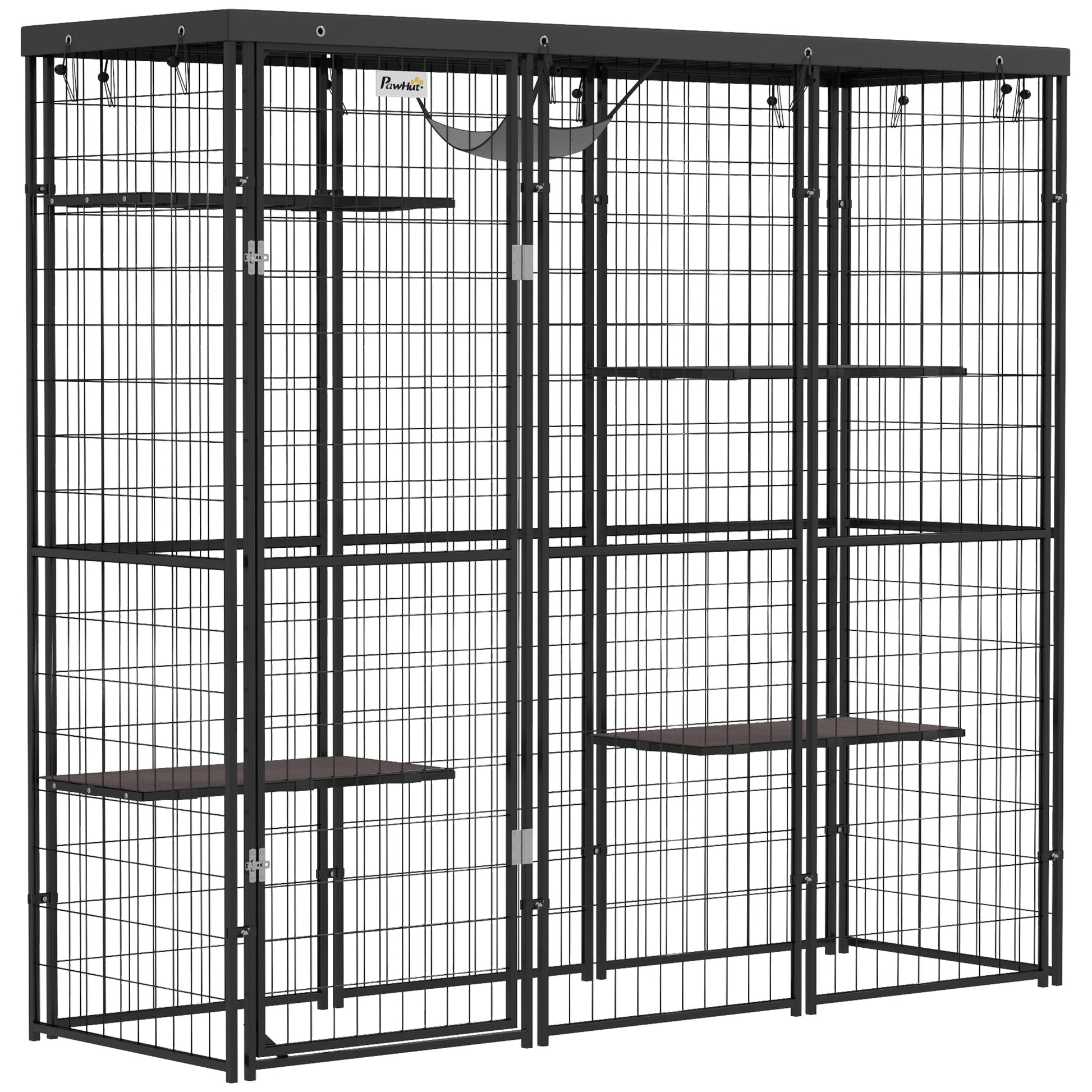 Catio Outdoor Cat Enclosure, Weld Wire Outdoor Cat House with Waterproof Cover, 4 Jumping Platforms, Hammock, Cat Cage Indoor for 1-3 Kittens, 69" x 22" x 62", Black