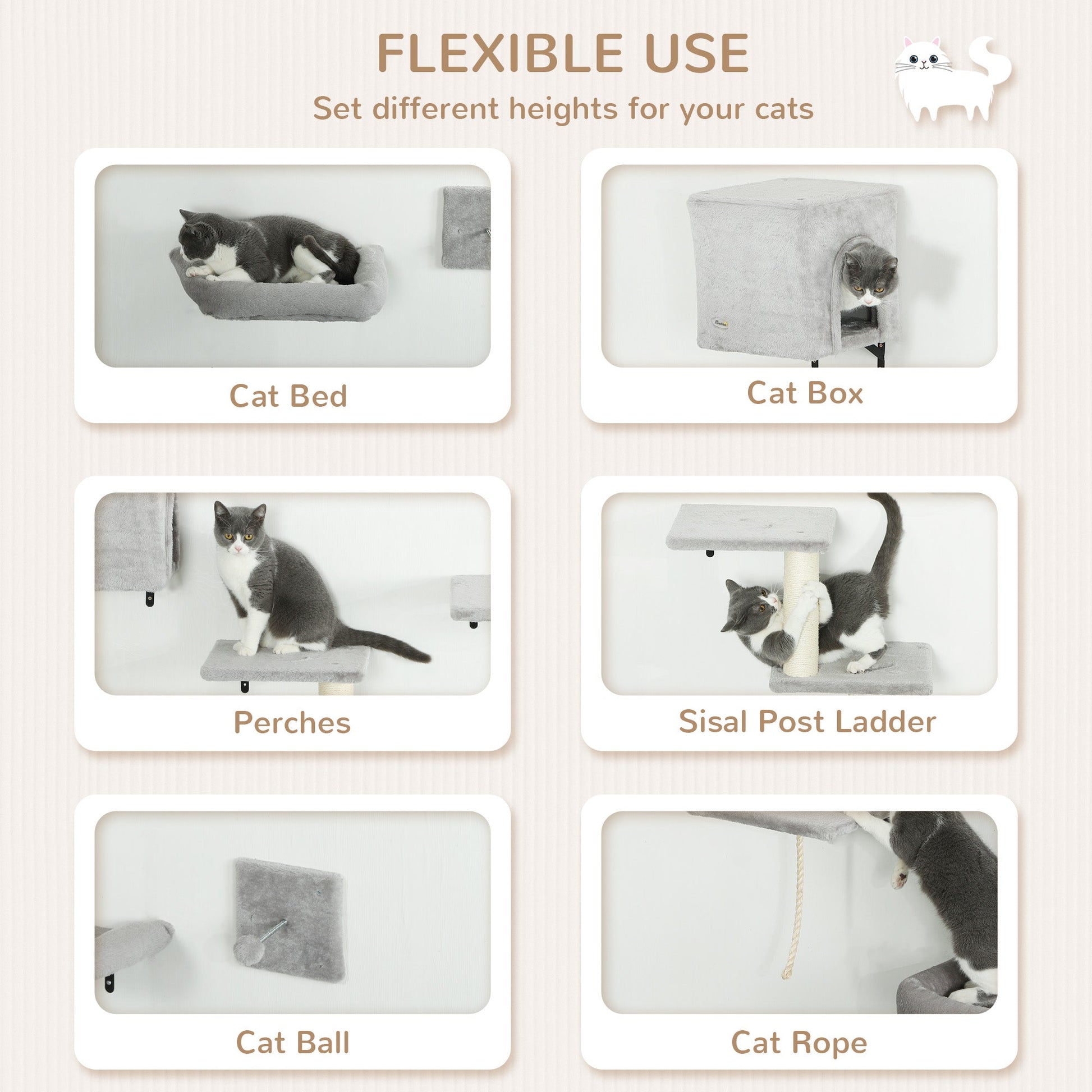 Cat Wall Shelves, 7PCs Cat Shelves with Perches, House, Sisal Post Ladder, Bed & Ball, Ceiling Wall Mounted Cat Climber, Grey