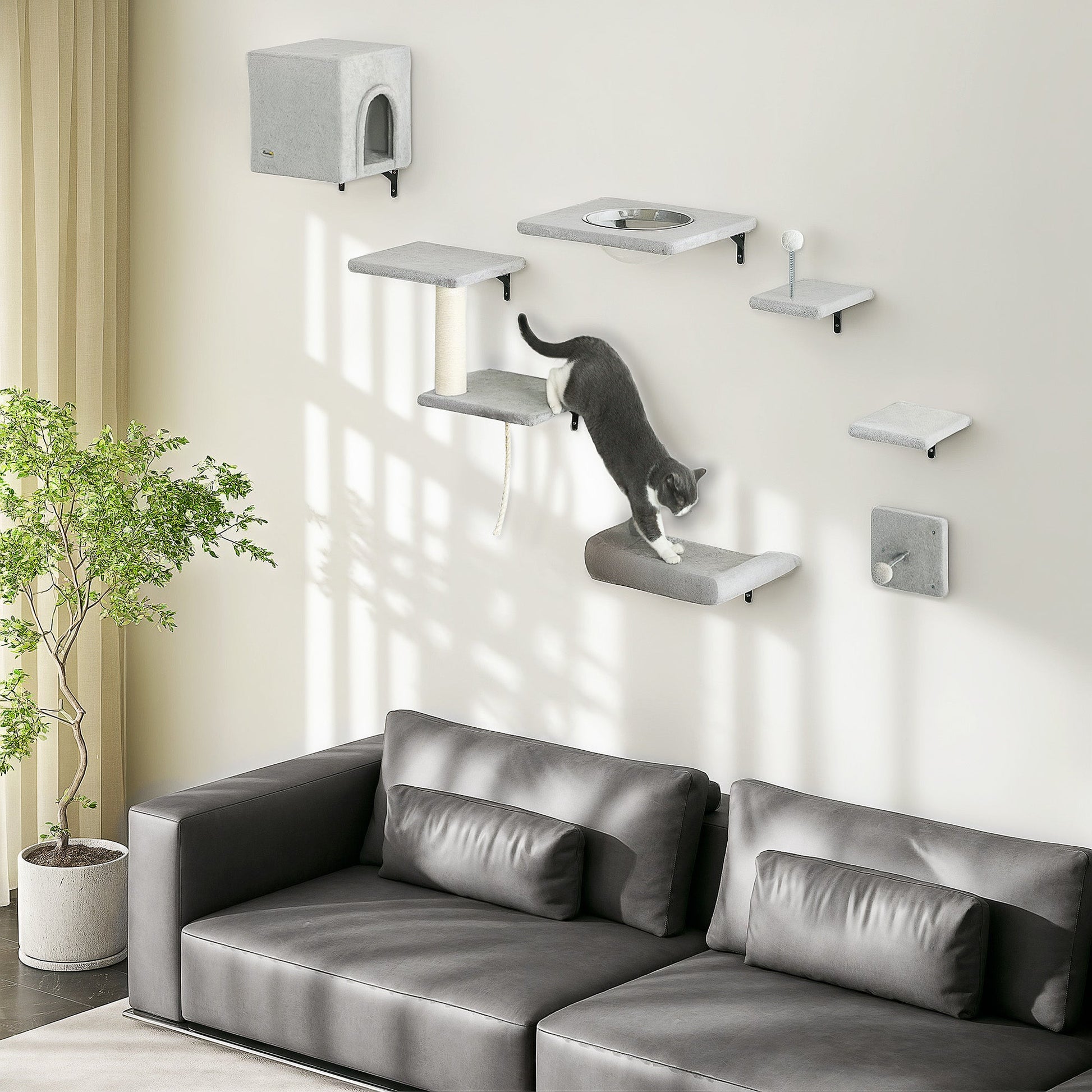 Cat Wall Shelves, 7PCs Cat Shelves with Perches, House, Sisal Post Ladder, Bed & Ball, Ceiling Wall Mounted Cat Climber, Grey