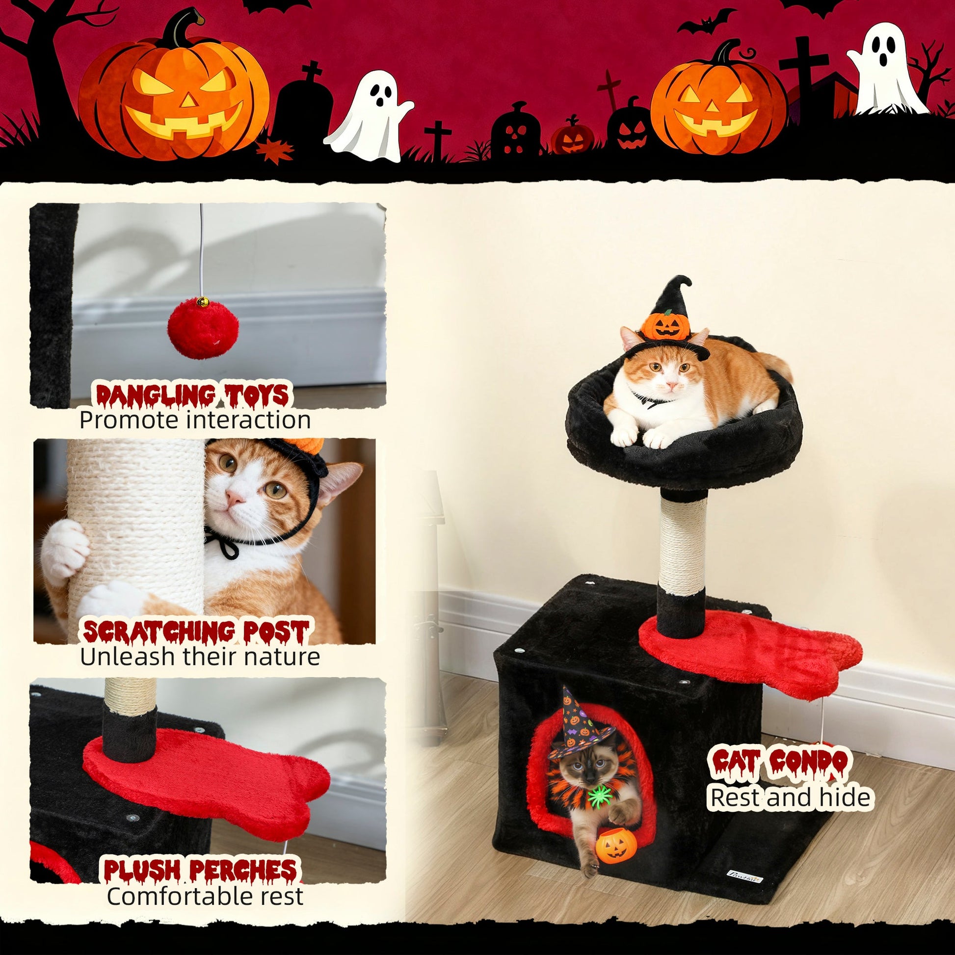 Gothic Cat Tree, 28" Cat Tower for Indoor Kittens with Plush Top Bed, Cozy Condo, Sisal Scratching Post, Perch, Dangling Ball, Red and Black