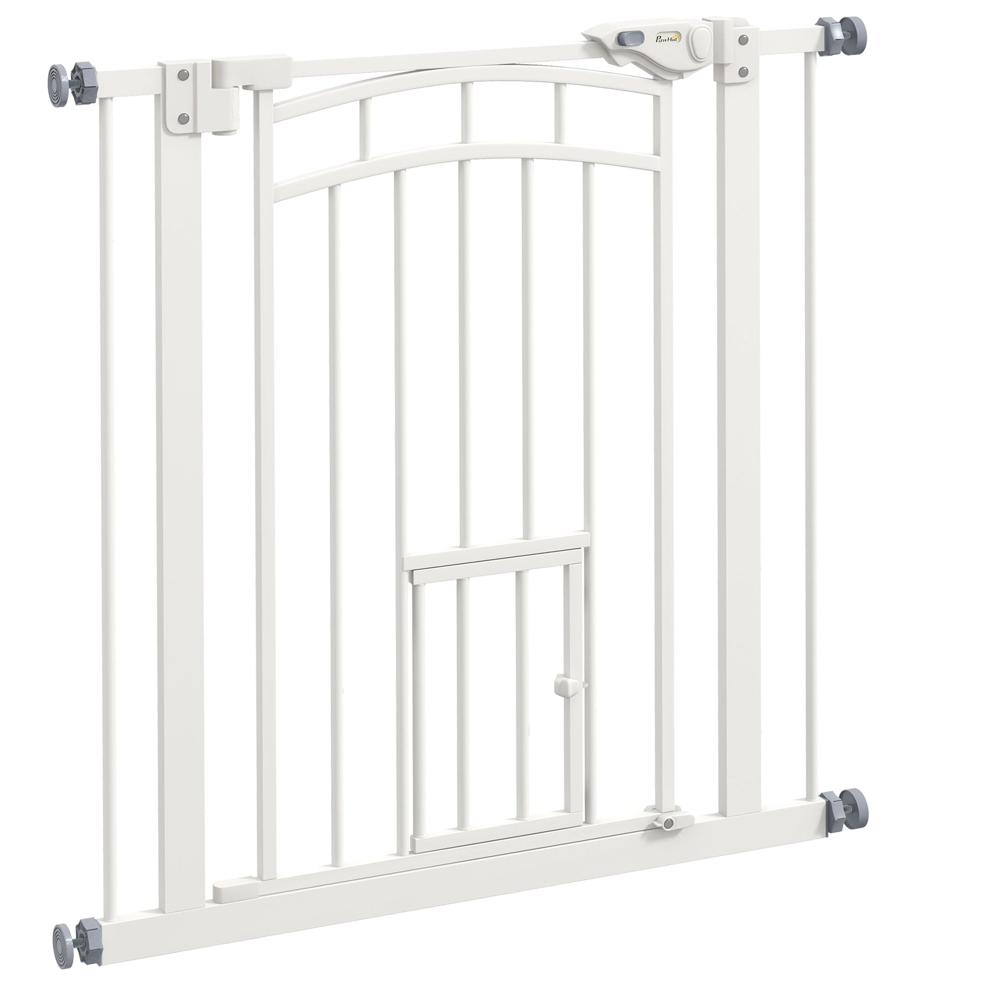 30"H Tall Dog Gate, Pet Gate with Cat Door, Auto-Close Pressure-Mounted Steel Safety Gate Barrier, Double Locking for Doorways Hallways Stairs, Fits 29"-31.5"W, White