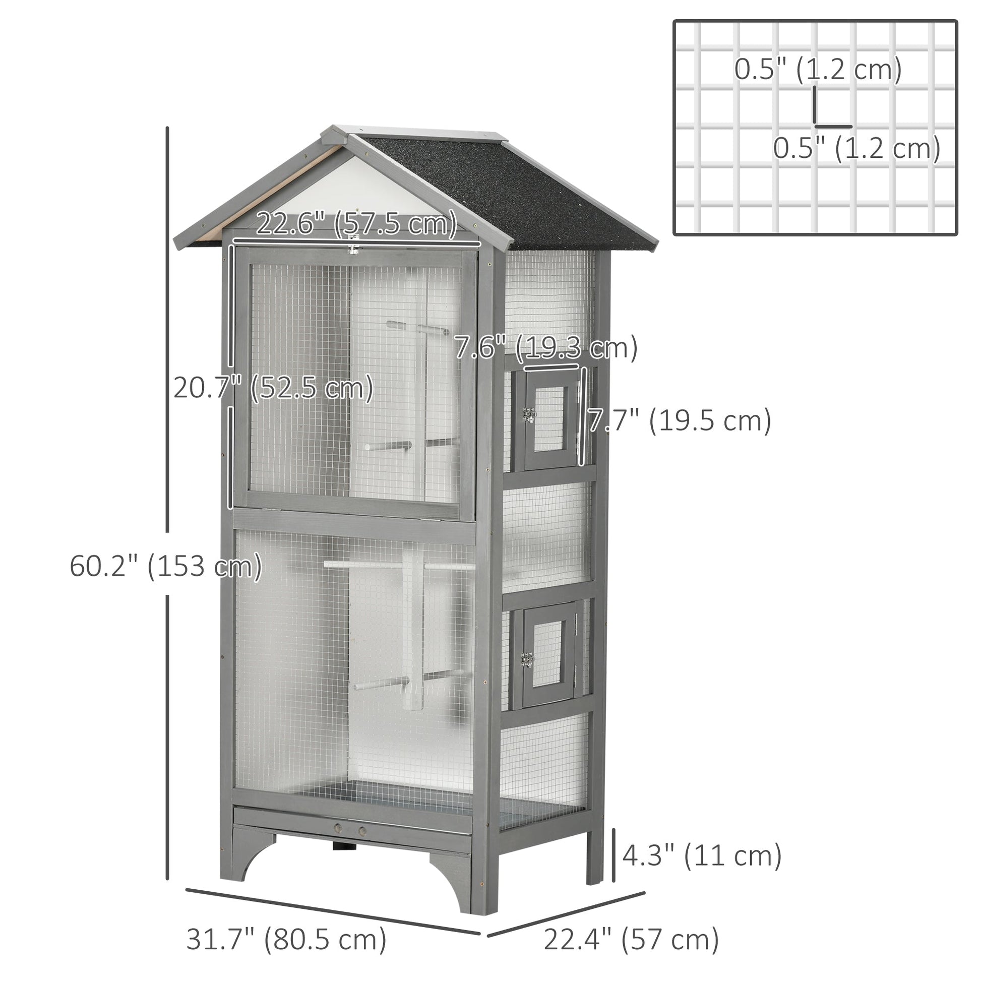 Wooden Bird Aviary Parrot Cage Pet Furniture Large Outdoor Play House with Removable Bottom Tray, 2 Doors, Asphalt Roof, 4 Perches, Light Grey