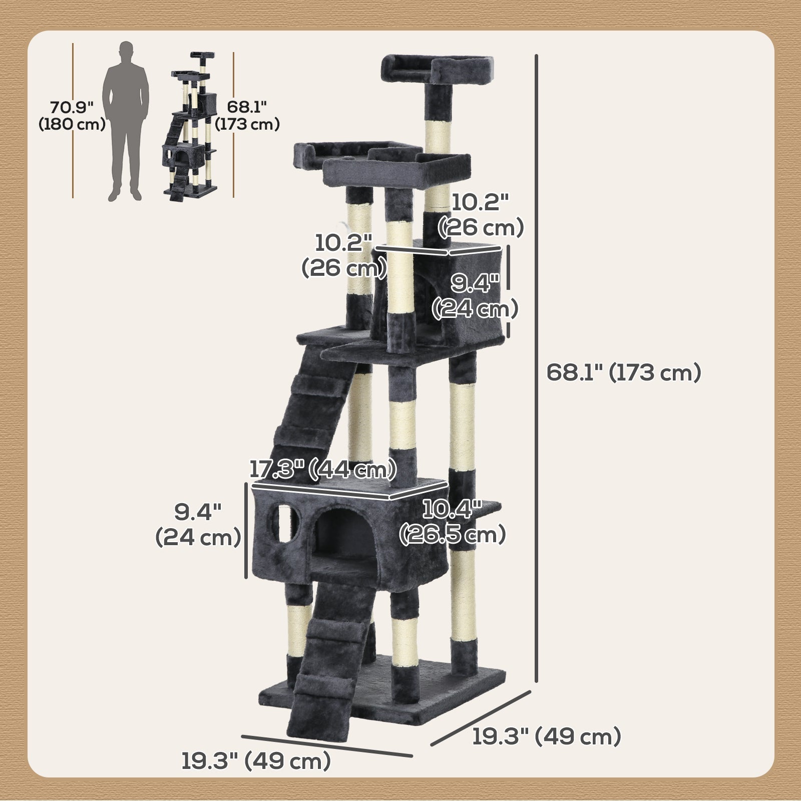 68 inches Cat Tree, Multi-Level Large Cat Tower Condo with Scratching Posts, Perches, Cat Houses, Dangling Toy, Charcoal Grey
