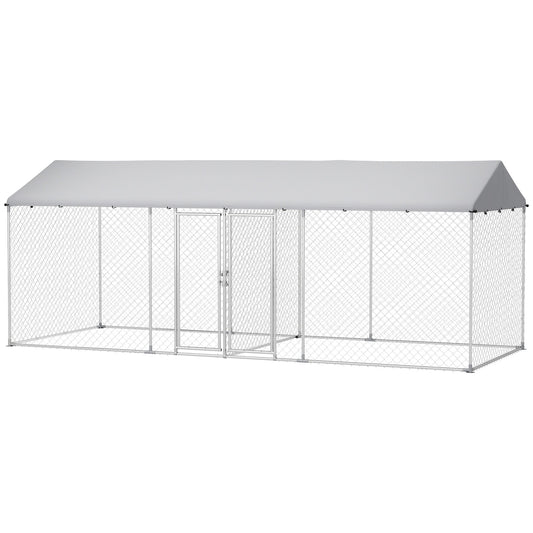 Outdoor Dog Kennel with Two Rooms, Heavy Duty Dog Run Outdoor Fence Cage with Waterproof UV-Resistant Cover, Escape-Proof Lock, 19.7' x 7.5' x 7.5'