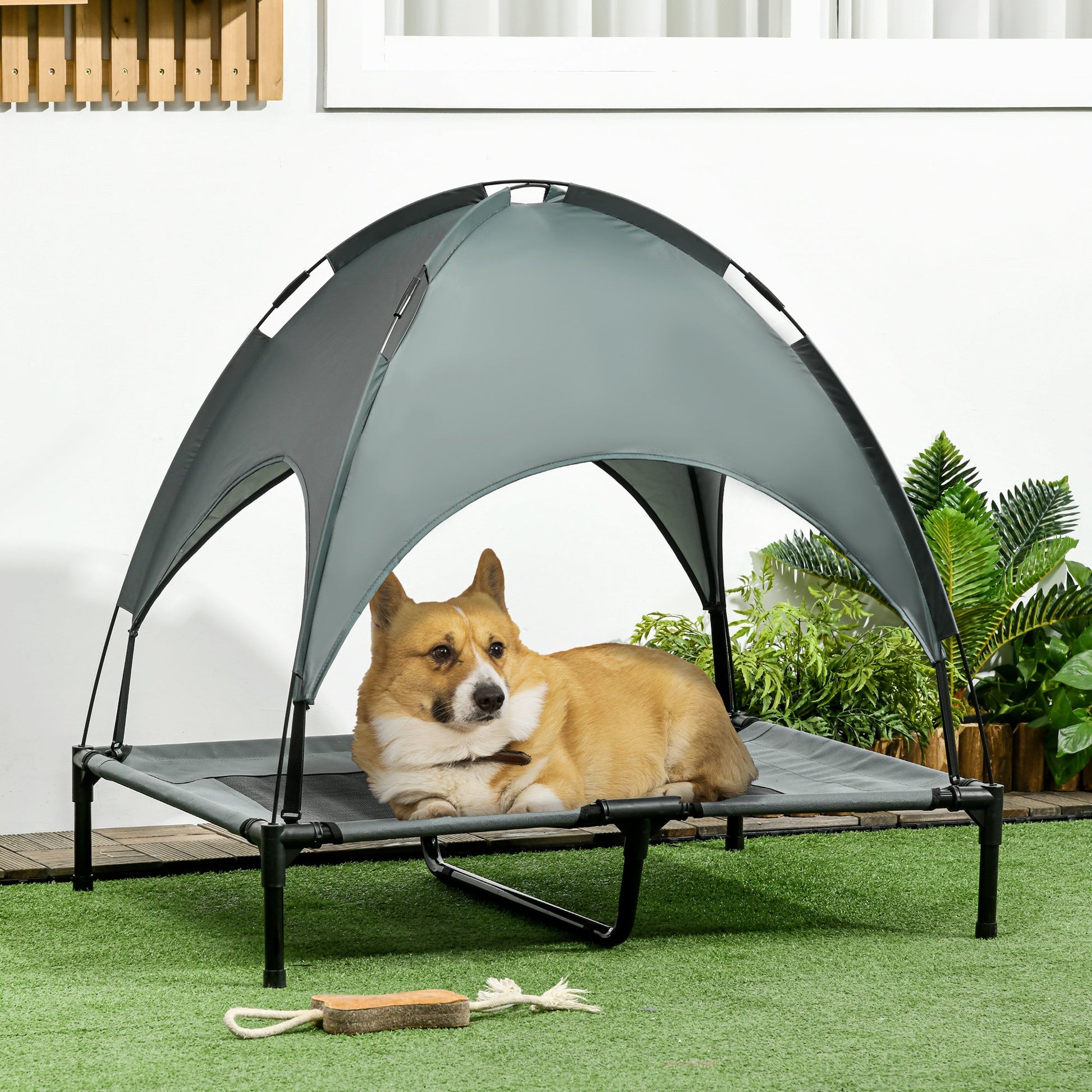 Elevated Dog Bed with Canopy, Portable Raised Dog Cot for L Sized Dogs, Indoor & Outdoor, 36" x 30" x 35", Grey
