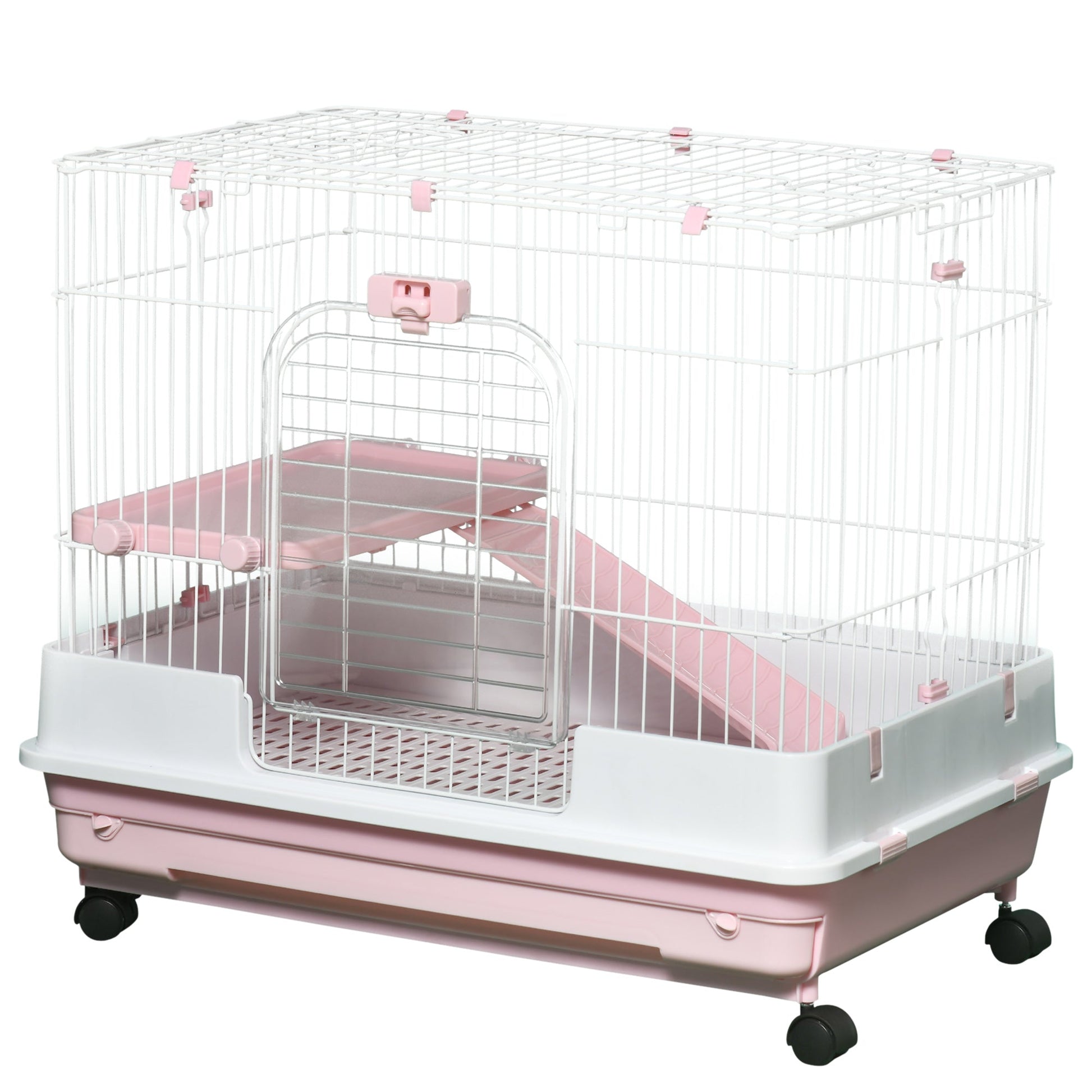 27"H 2-Level Small Animal Cage Rabbit Hutch with Universal Lockable Wheels, Slide-out Tray for Bunny, Chinchillas, Ferret, Pink