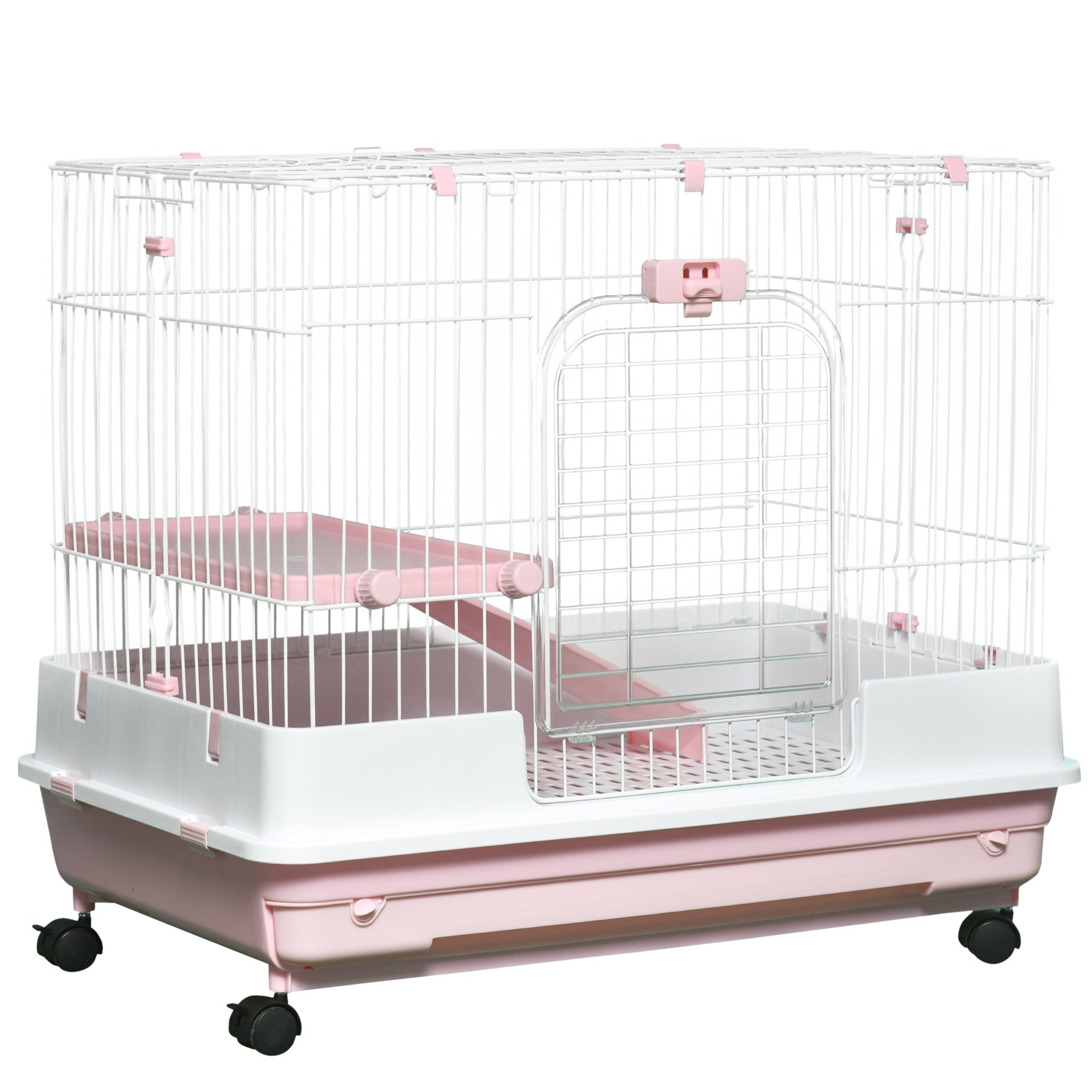 27"H 2-Level Small Animal Cage Rabbit Hutch with Universal Lockable Wheels, Slide-out Tray for Bunny, Chinchillas, Ferret, Pink