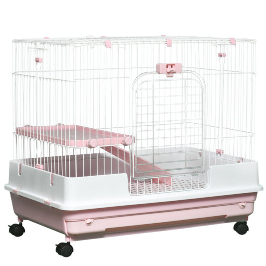 27"H 2-Level Small Animal Cage Rabbit Hutch with Universal Lockable Wheels, Slide-out Tray for Bunny, Chinchillas, Ferret, Pink