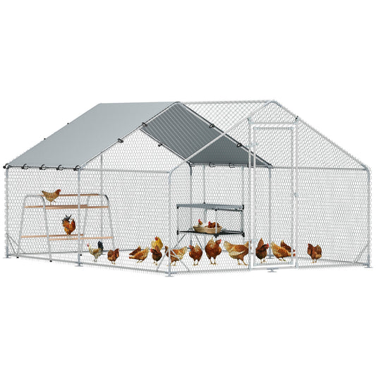 Large Metal Chicken Coop with Nesting Box, 9.8 x 13.1 x 6.4 ft Walk in Chicken Run for Yard with Waterproof Cover, Roosting Bars, for 12-18 Hens, Ducks, Rabbits, Poultries