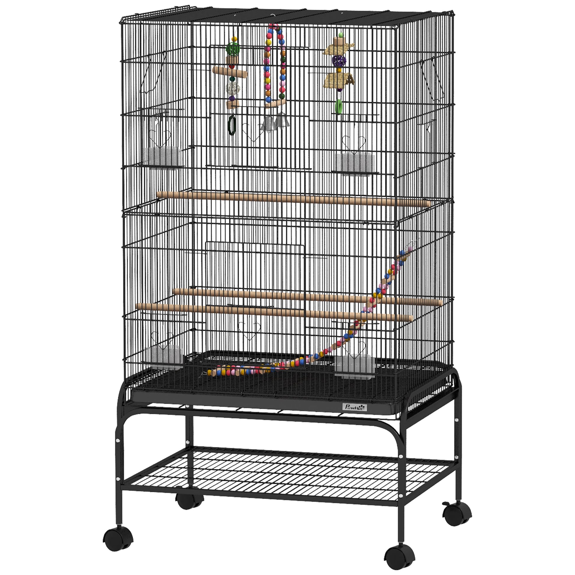 43" Bird Cage for Budgies Cockatiels Canaries Lovebirds Finches with Rolling Stand, Toys, Removable Tray, Storage Shelf, Black