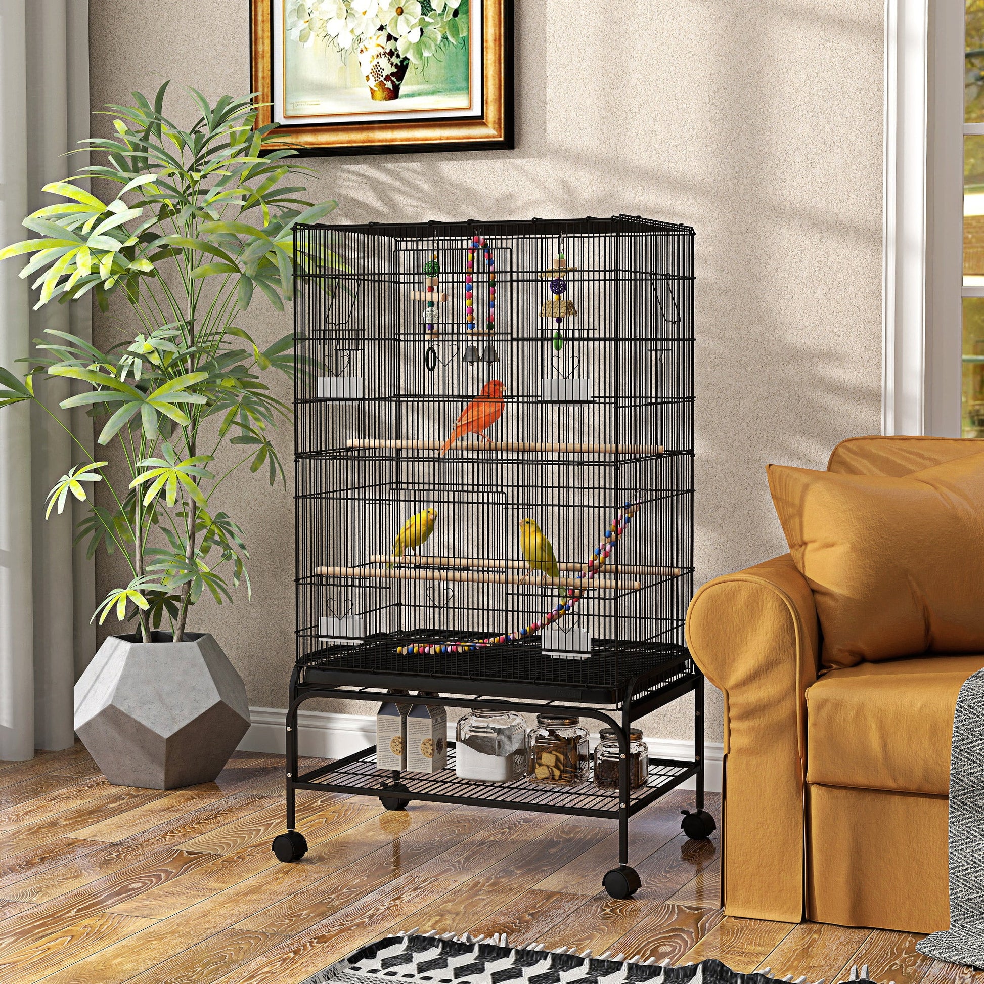 43" Bird Cage for Budgies Cockatiels Canaries Lovebirds Finches with Rolling Stand, Toys, Removable Tray, Storage Shelf, Black