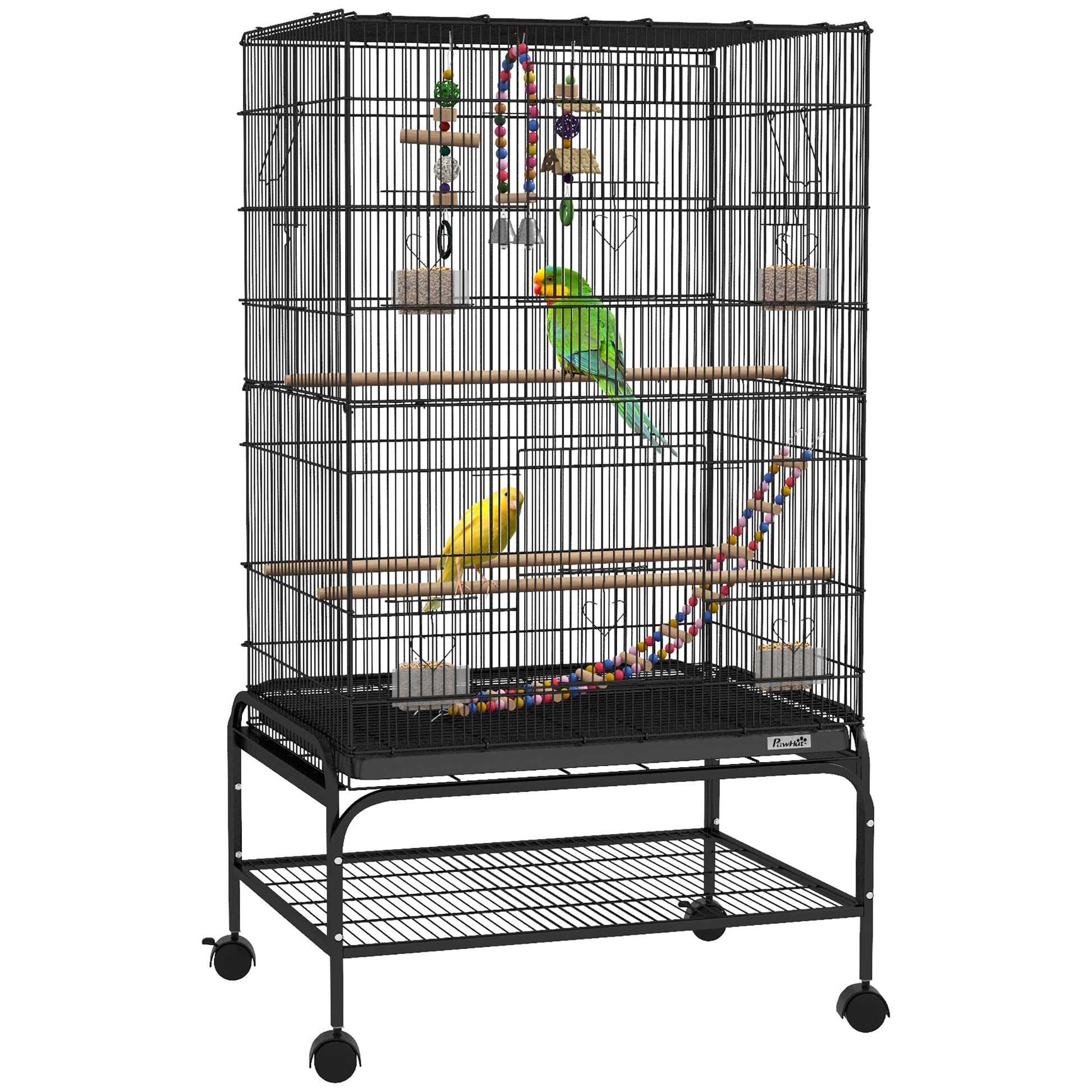 43" Bird Cage for Budgies Cockatiels Canaries Lovebirds Finches with Rolling Stand, Toys, Removable Tray, Storage Shelf, Black