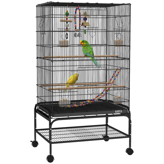 43" Bird Cage for Budgies Cockatiels Canaries Lovebirds Finches with Rolling Stand, Toys, Removable Tray, Storage Shelf, Black