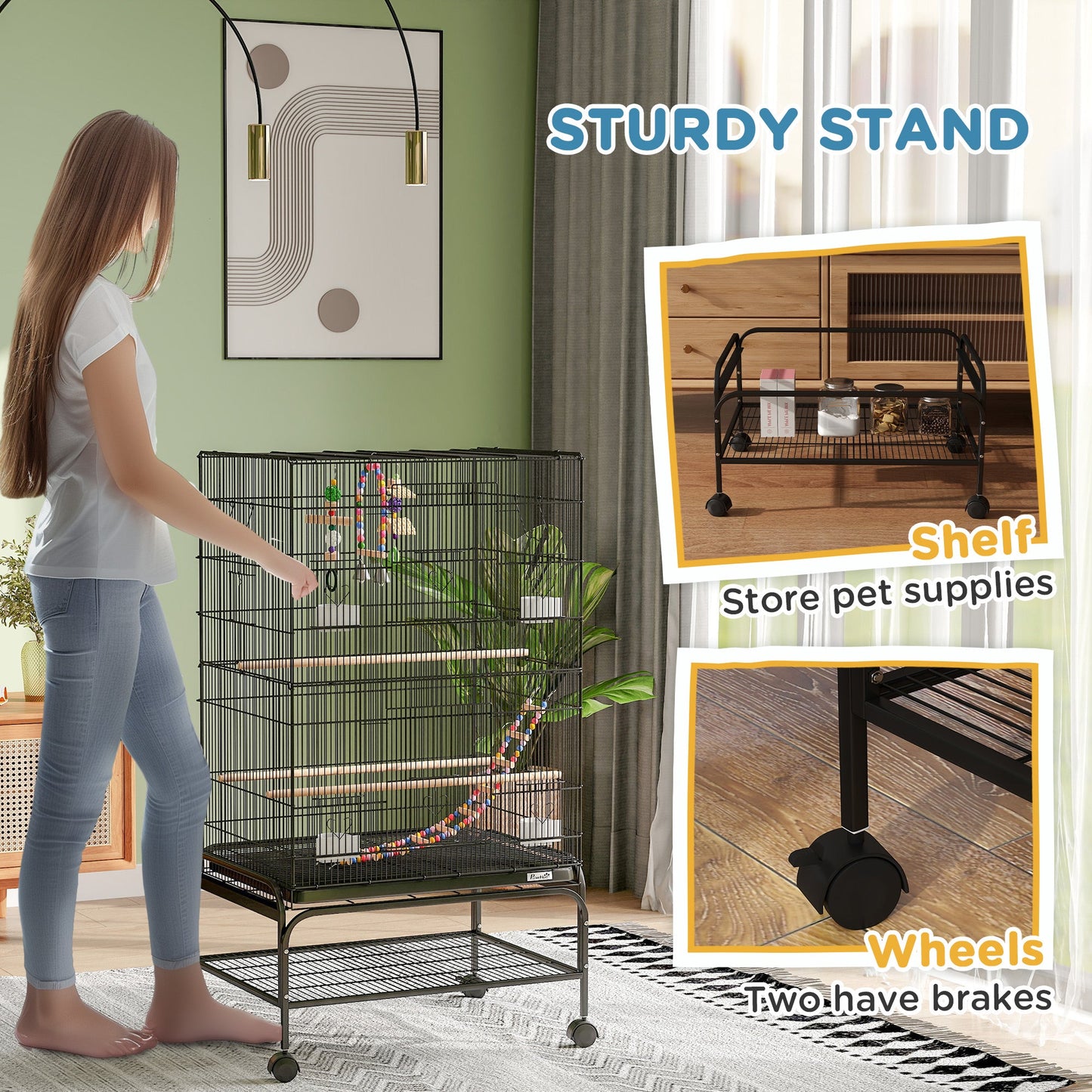 43" Bird Cage for Budgies Cockatiels Canaries Lovebirds Finches with Rolling Stand, Toys, Removable Tray, Storage Shelf, Black