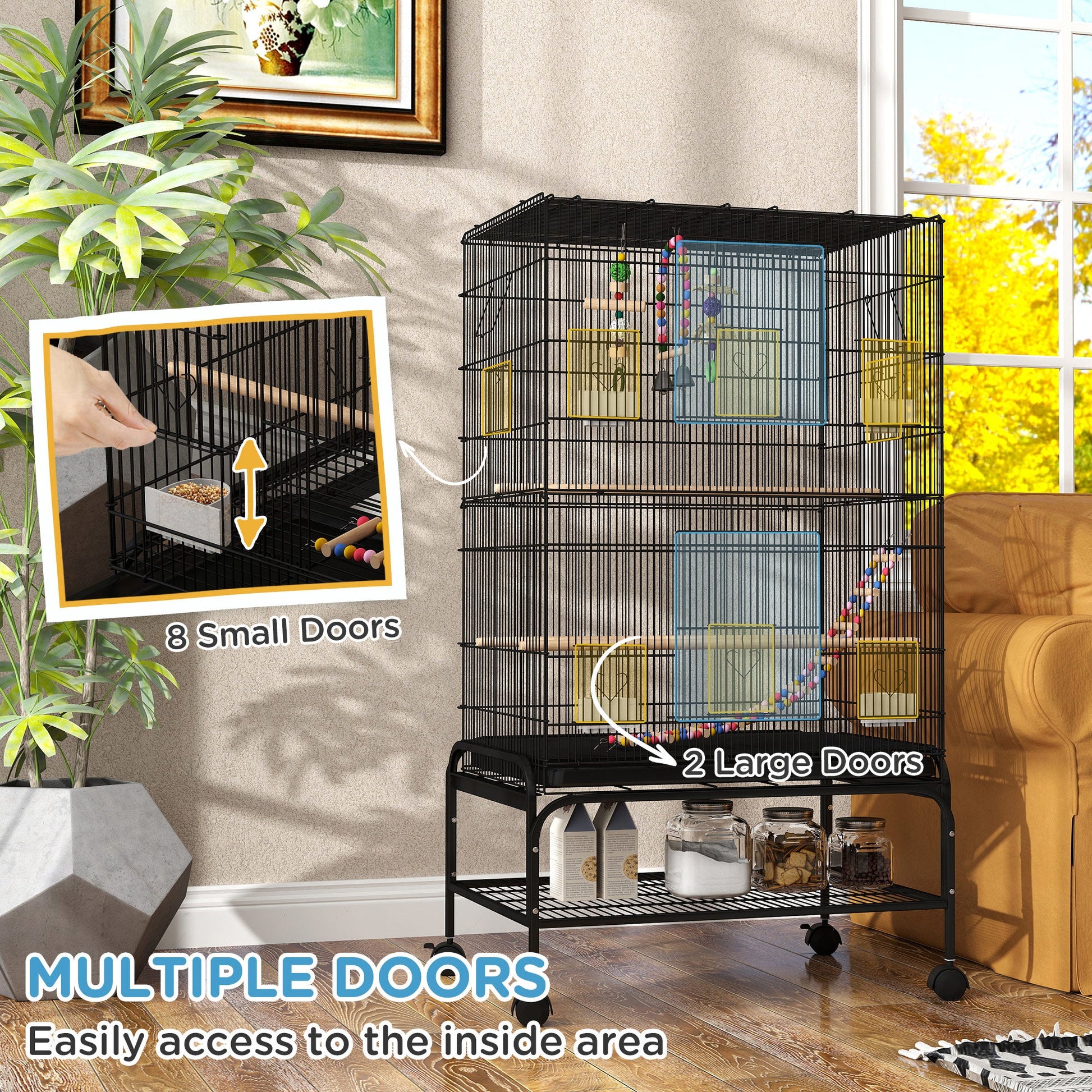 43" Bird Cage for Budgies Cockatiels Canaries Lovebirds Finches with Rolling Stand, Toys, Removable Tray, Storage Shelf, Black