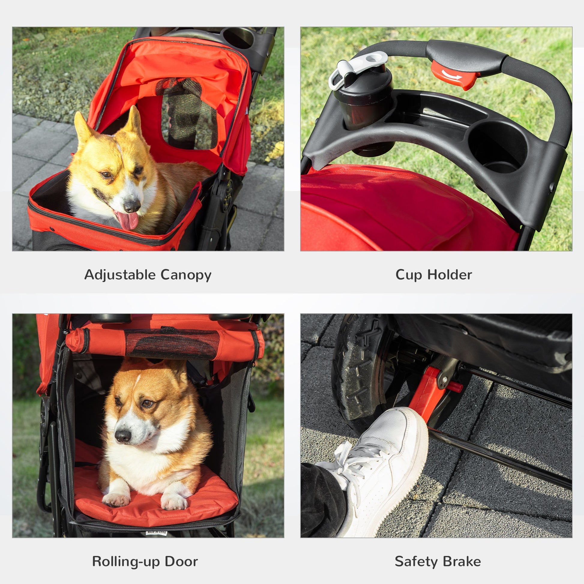 3 Wheel Dog Stroller, Folding Pet Stroller Jogger with Adjustable Canopy, Storage Basket, Mesh Window, Cupholder, for Small Dogs & Cats, Red