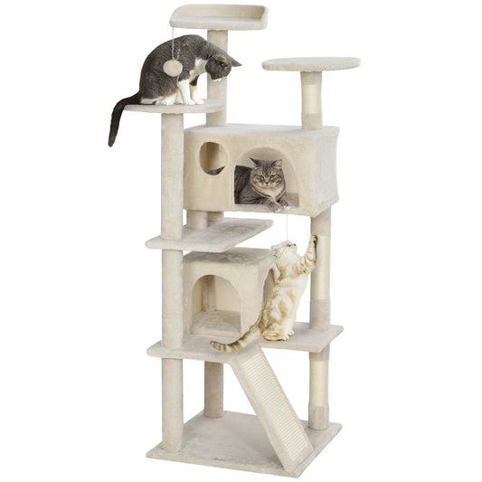 54" Cat Tree, Cat Tower for Indoor Cats with Scratching Posts, Cat Condos, Bed, Platforms, Ramp, Toy Ball, Cat Activity Center, Beige