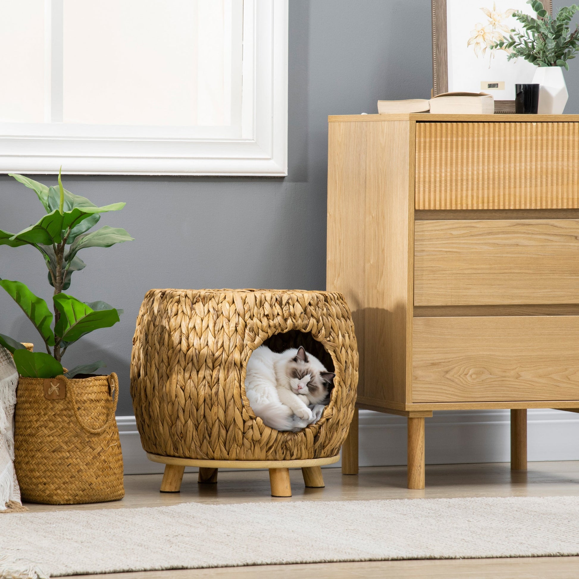 Wicker Cat Bed, Rattan Kitten Bed with Washable Cushion, Elevated Pet Bed for Indoor Cats, Light Brown