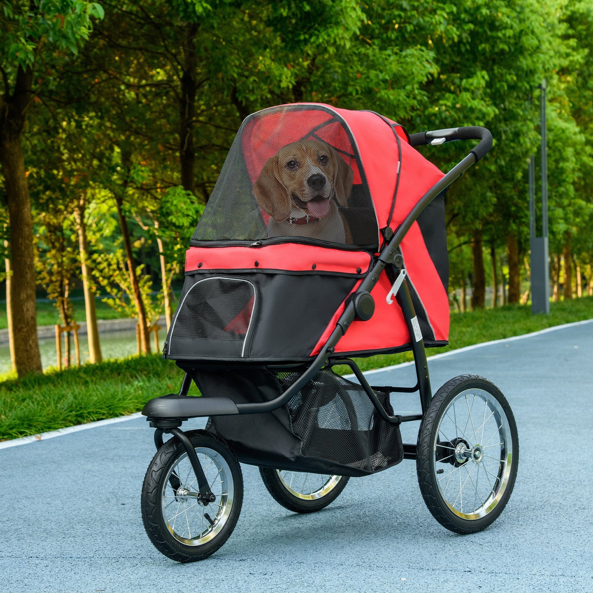 Pet Stroller for Small and Medium Dogs, 3 Big Wheels Cat Stroller Travel Folding Carrier with Adjustable Canopy, Safety Tether, Storage Basket, Red