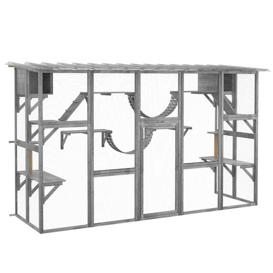 Catio, Large Outdoor Cat Enclosure with Cat Condos, Platforms, Ladders, Doors, Weather-Resistant Roof, Wooden Cat Cage for 1-4 Cats, Grey