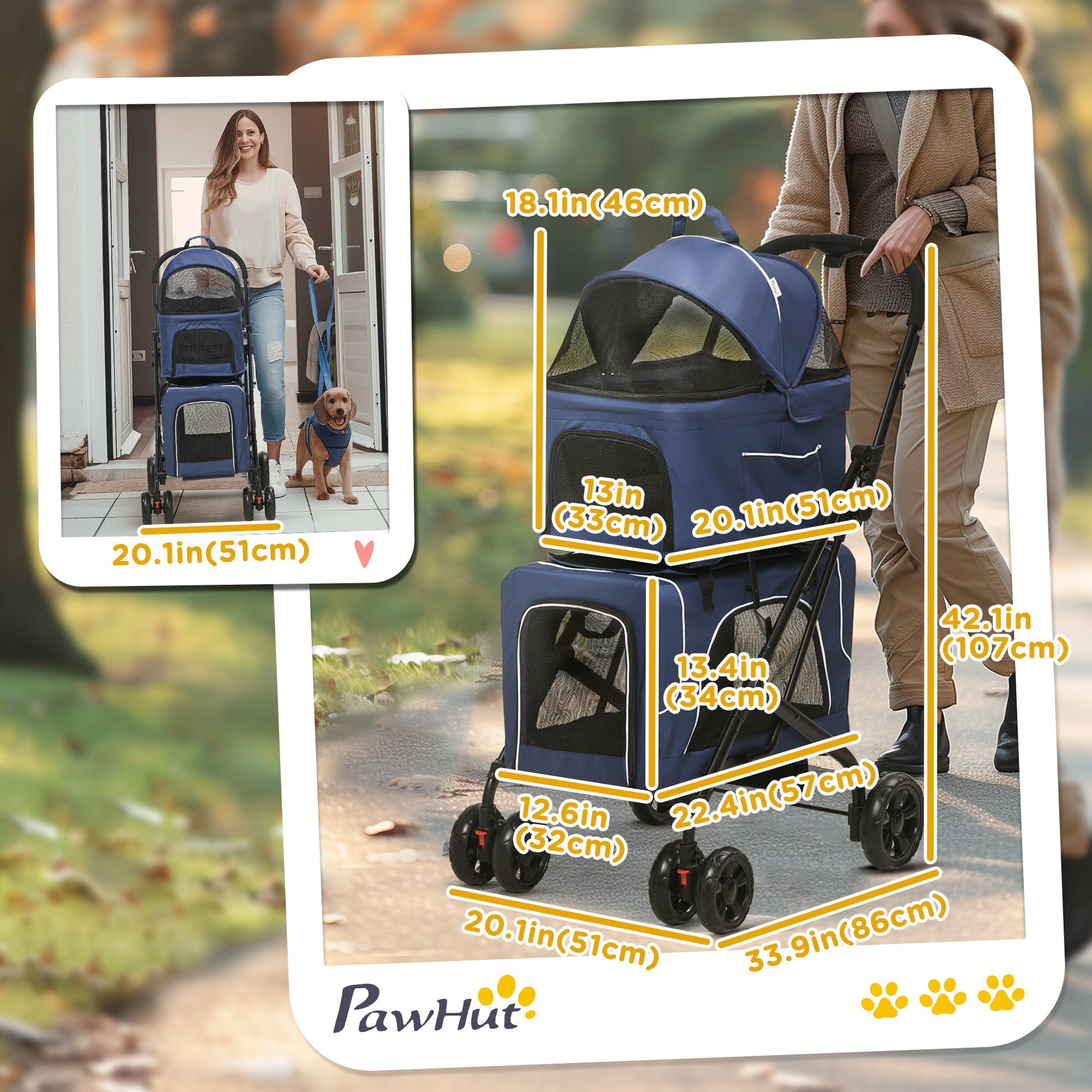 3-in-1 Double Pet Stroller for Small Miniature Dogs Cats with Removable Carrier, Foldable Travel Carrier Bag, Car Seat, Blue