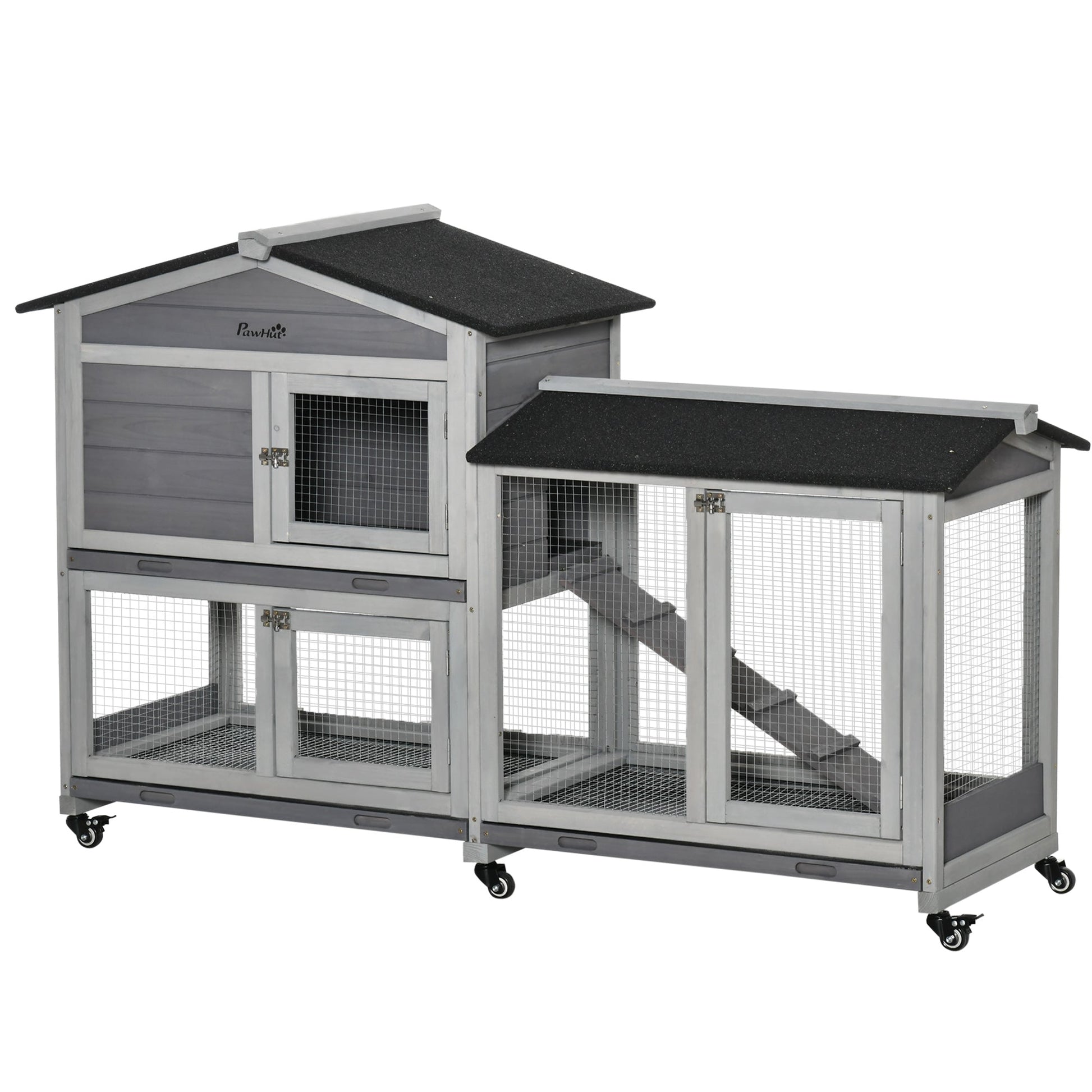 62" Wooden Rabbit Hutch, Bunny Cage with Wheels, Run Box, Tray, Ramp for Small Animals, Guinea Pig, Indoor Outdoor Use, Light Grey