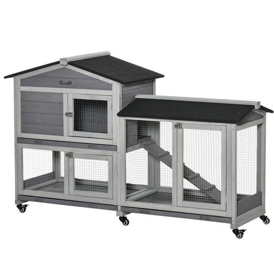 62" Wooden Rabbit Hutch, Bunny Cage with Wheels, Run Box, Tray, Ramp for Small Animals, Guinea Pig, Indoor Outdoor Use, Light Grey