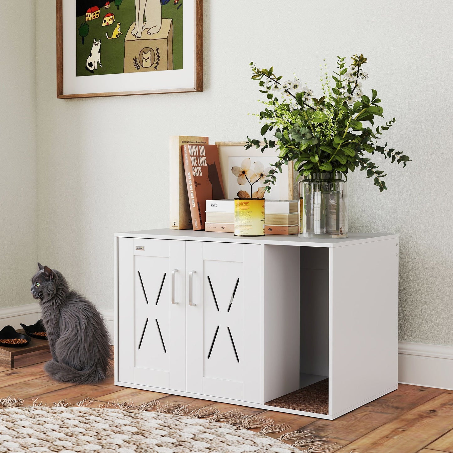 Cat Litter Box Enclosure, Hidden Cat Litter Box Furniture with Scratching Board, Cat House End Table Fit for Most Litter Box and Cats, 31.5" x 19" x 20", White