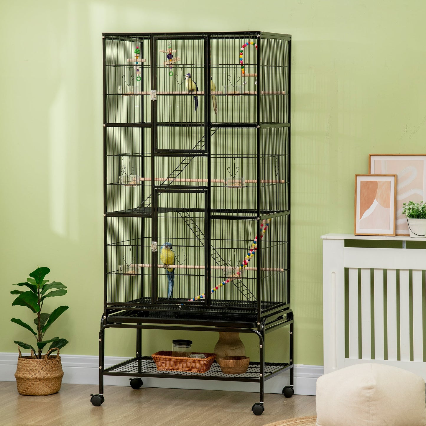 71" Bird Cage, 3 Tier Large Parrot Cage with Wheels, Perches, Ramp, Storage Shelf, Toys for Canaries, Finches, Cockatiels, Parakeets, Black