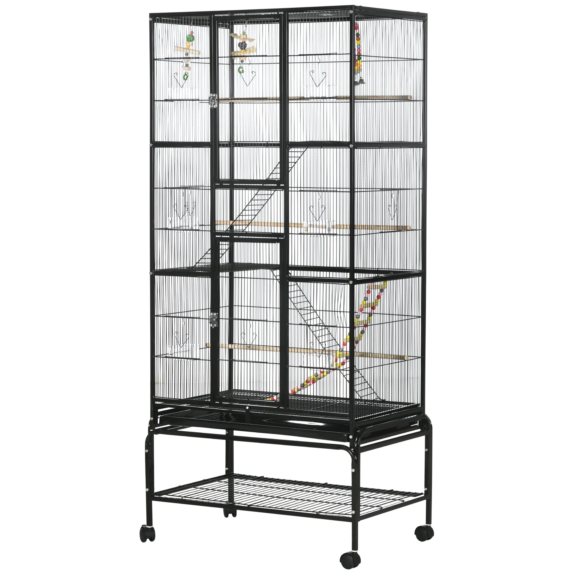 71" Bird Cage, 3 Tier Large Parrot Cage with Wheels, Perches, Ramp, Storage Shelf, Toys for Canaries, Finches, Cockatiels, Parakeets, Black