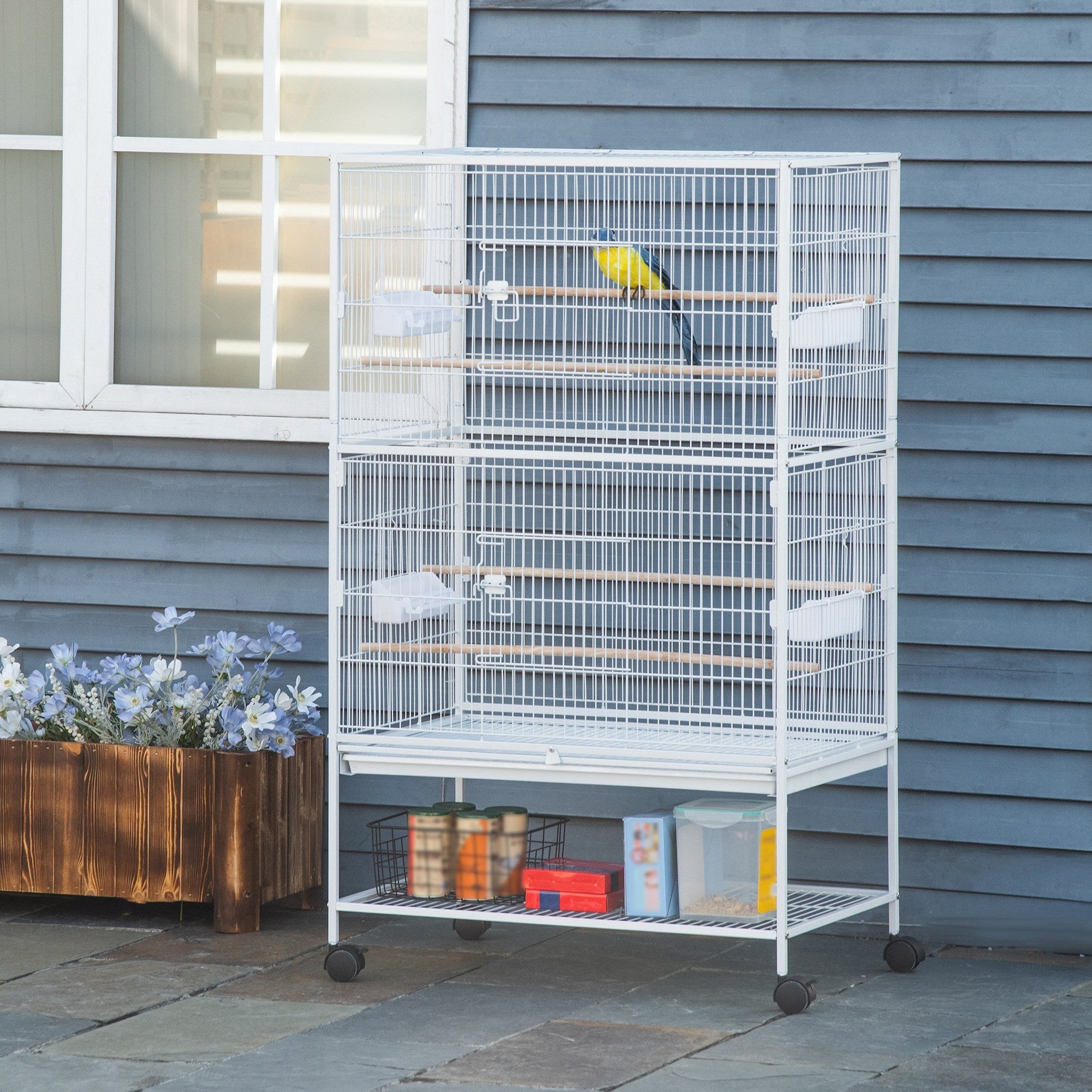 52" Large Rolling Steel Bird Cage Bird House with Rolling Stand, Storage Shelf, Wood Perch, Food Container, White