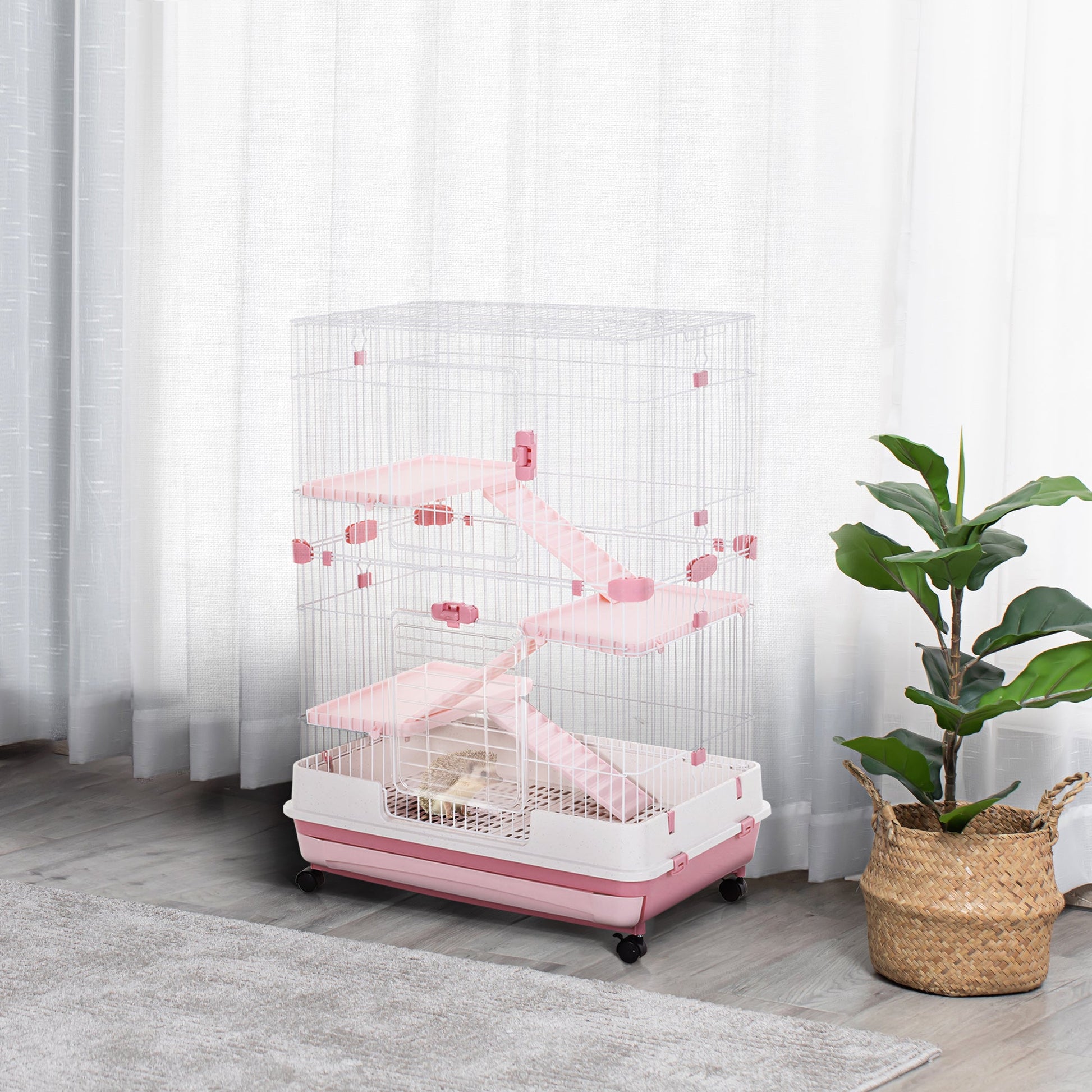 45"H 4-Level Small Animal Cage Rabbit Hutch with Universal Lockable Wheels, Slide-Out Tray for Bunny, Chinchillas, Ferret, Pink