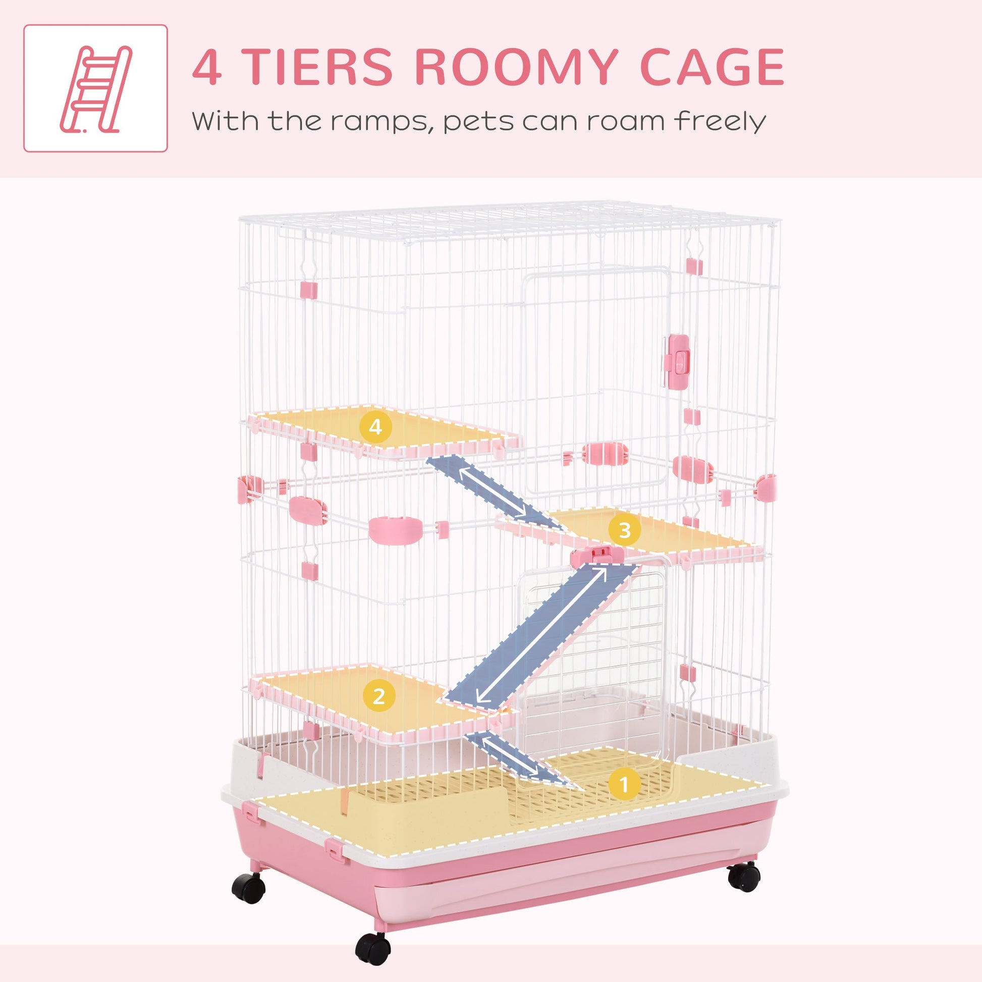 45"H 4-Level Small Animal Cage Rabbit Hutch with Universal Lockable Wheels, Slide-Out Tray for Bunny, Chinchillas, Ferret, Pink