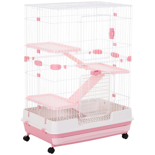 45"H 4-Level Small Animal Cage Rabbit Hutch with Universal Lockable Wheels, Slide-Out Tray for Bunny, Chinchillas, Ferret, Pink