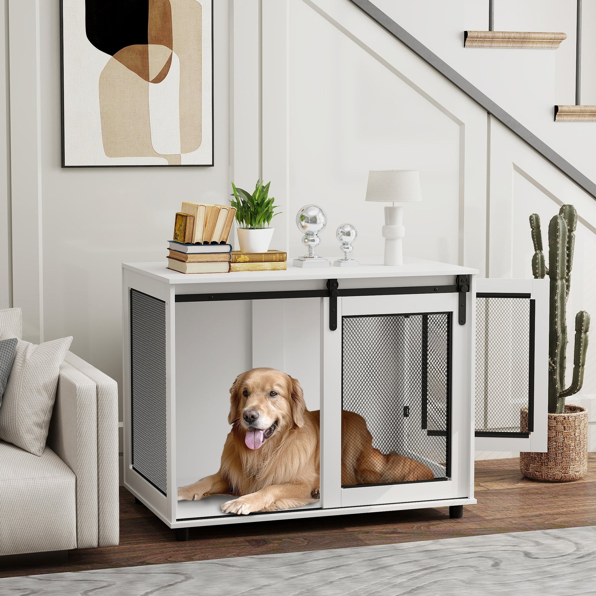 Dog Crate Furniture, 39" Dog Kennel End Table with Sliding Barn Door, Furniture Style Dog Cage for Large Dogs, White