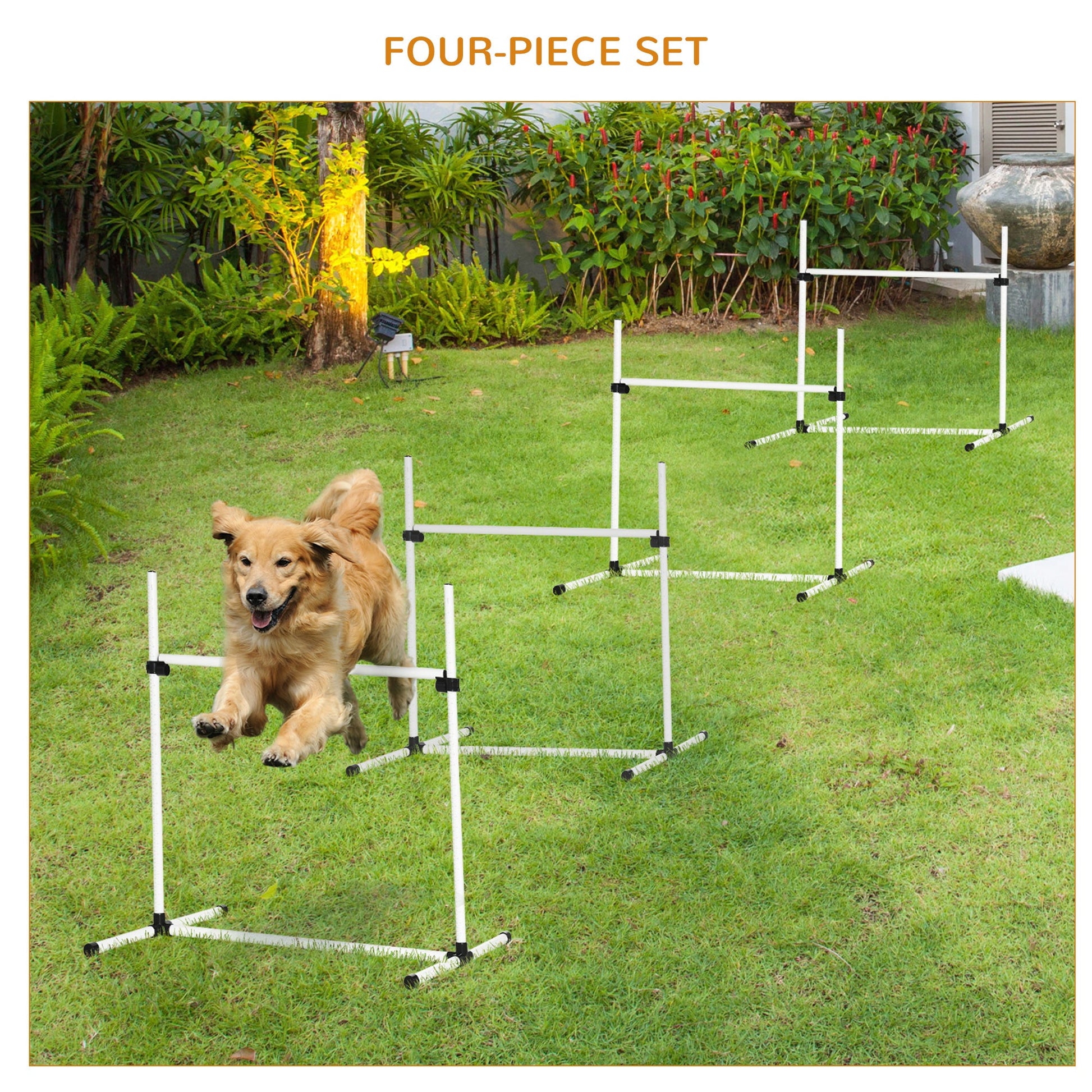 Large Size Dog Agility Training Equipment 4.5KG Net Wight, 4 PCS Adjustable Height Jump Bars, Obstacle Course Starter Kit for Large Medium Small Dog Puppy, White