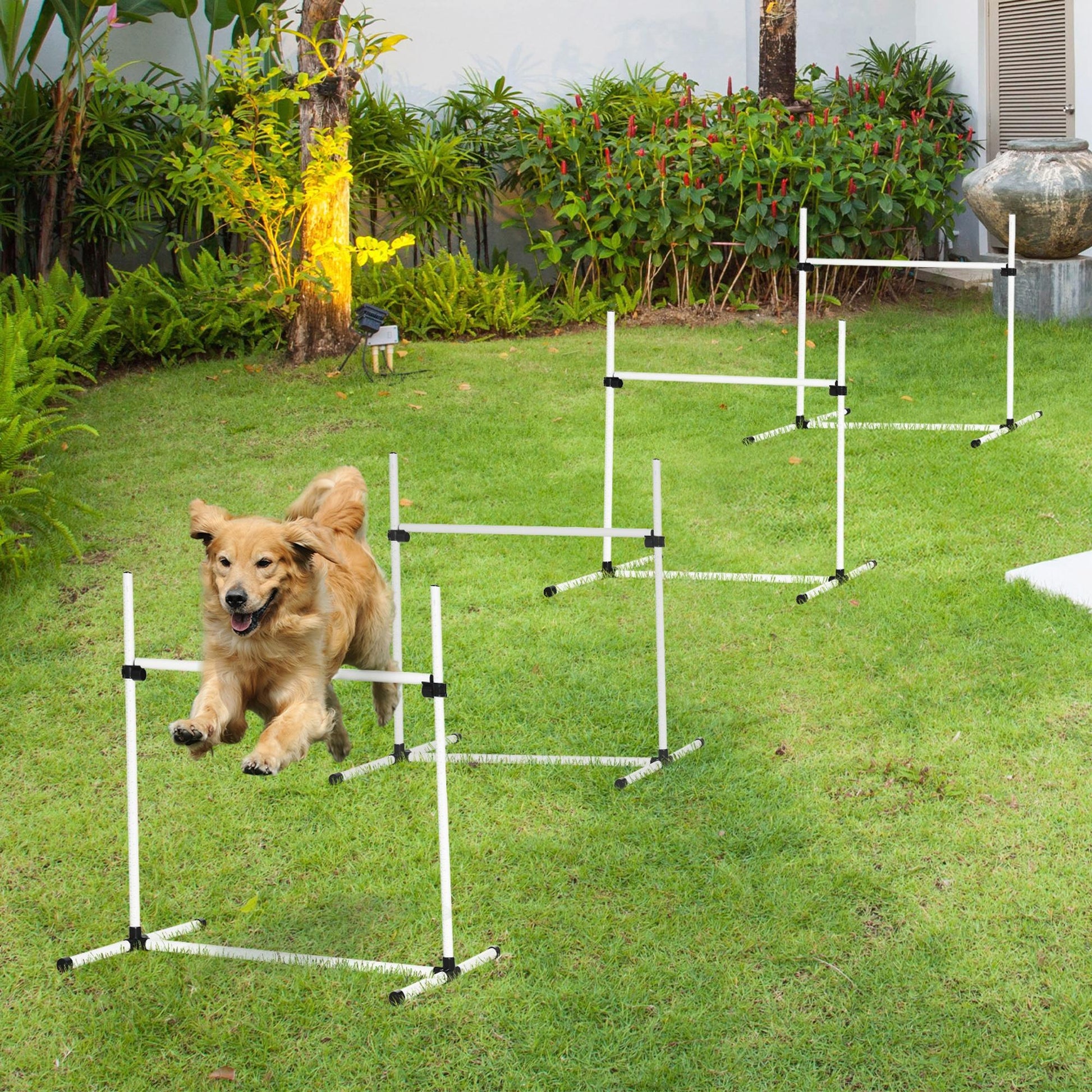 Large Size Dog Agility Training Equipment 4.5KG Net Wight, 4 PCS Adjustable Height Jump Bars, Obstacle Course Starter Kit for Large Medium Small Dog Puppy, White