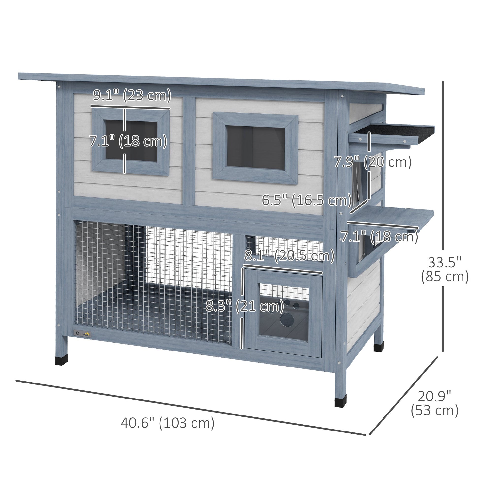 Outdoor Cat House, 2 Tier Wooden Feral Cat Shelter with Escape Door, Weatherproof Roof, Jump platform, Observer Windows, for 1-2 Cats, Outside and Backyard Use, Light Grey