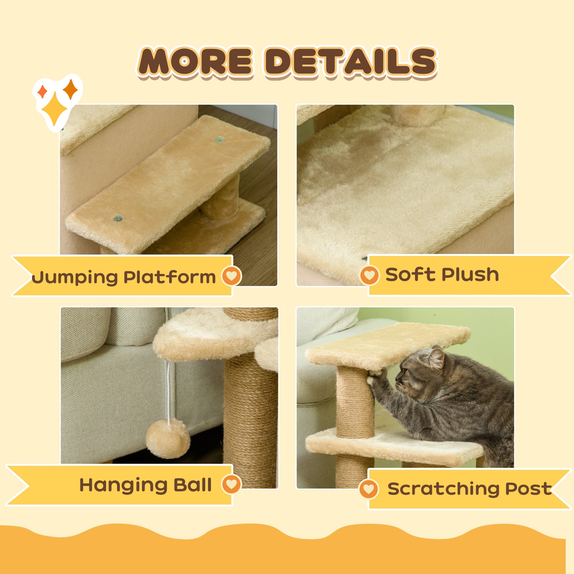 Adjustable Height Cat Stairs with Jute Scratching Posts, Cat House for Cozy Rest, Pet Steps for Couch Sofa and High Bed with Hanging Ball, Front Hole, Platform, Beige