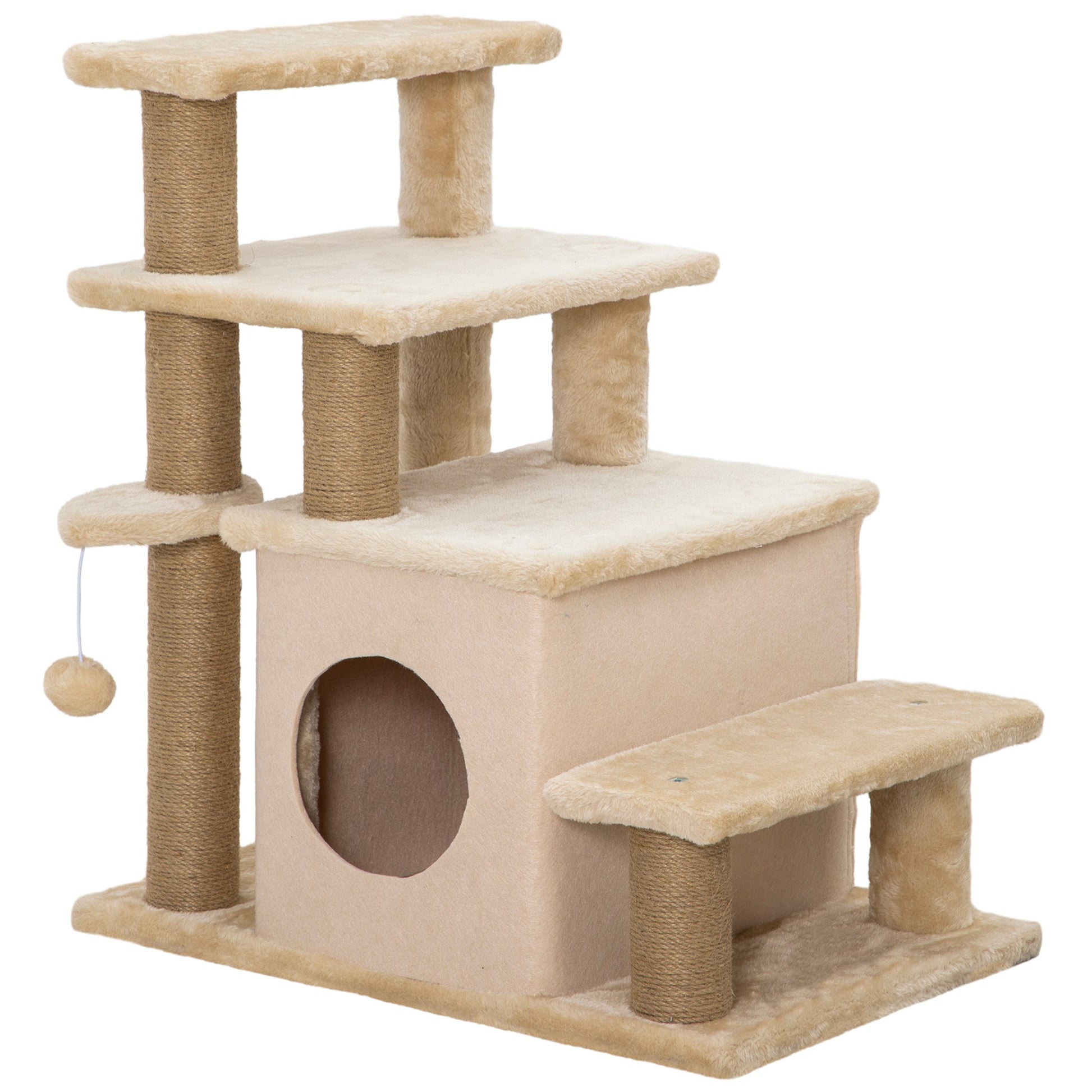 Adjustable Height Cat Stairs with Jute Scratching Posts, Cat House for Cozy Rest, Pet Steps for Couch Sofa and High Bed with Hanging Ball, Front Hole, Platform, Beige