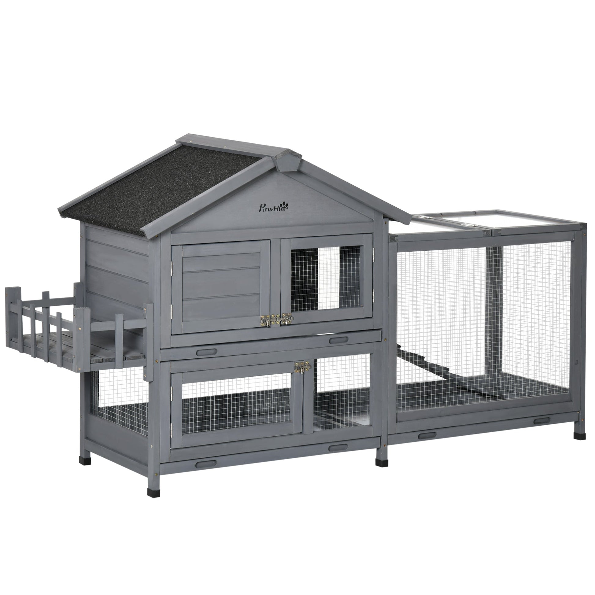 65" Wooden Rabbit Hutch, Pet Playpen with Openable Roof, Bunny House Enclosure with Storage Box, Slide-out Tray, Ramp, for Rabbits and Small Animals, Dark Grey