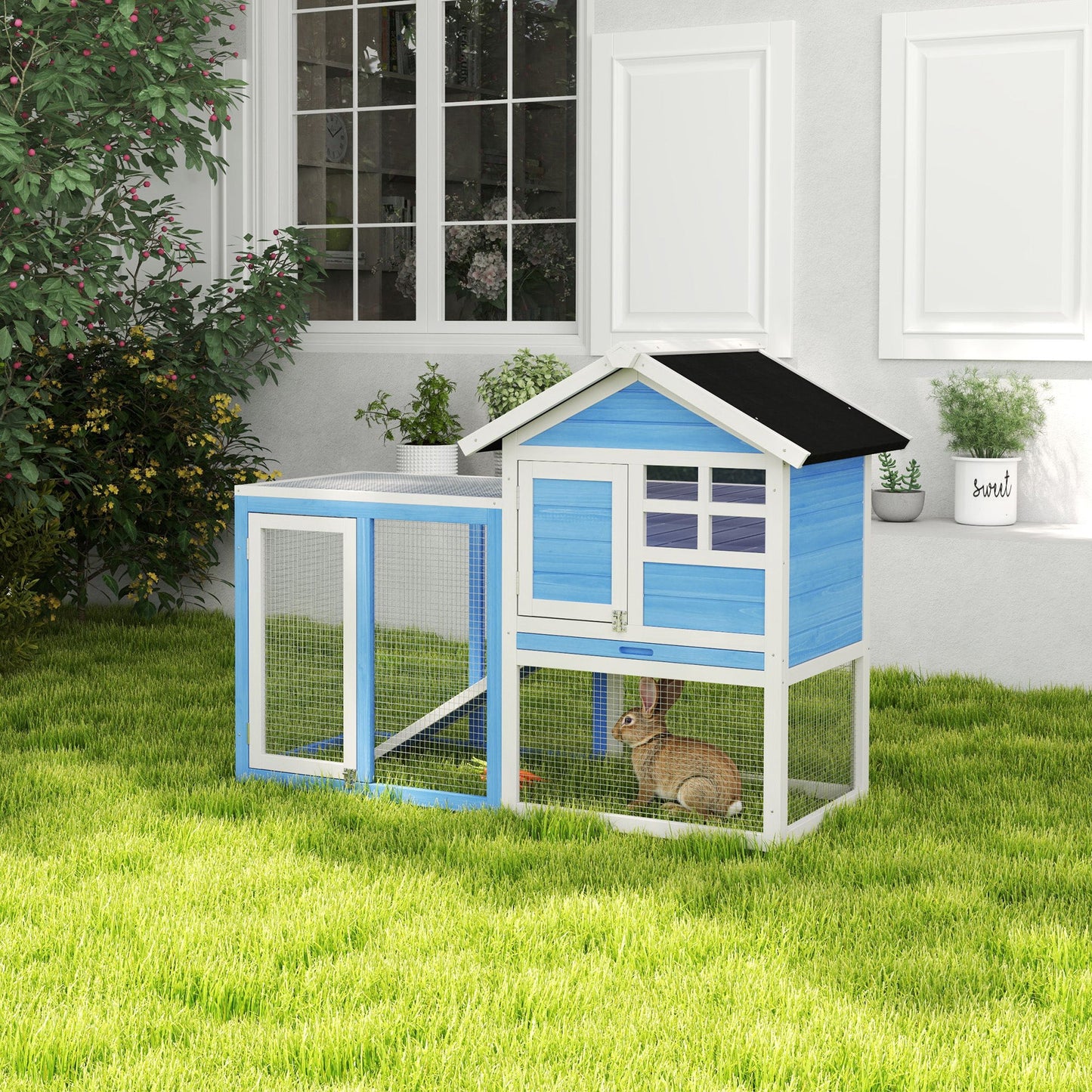48" Weatherproof Wooden Rabbit Hutch With Slant Roof And Screened Outdoor Run, Light Blue