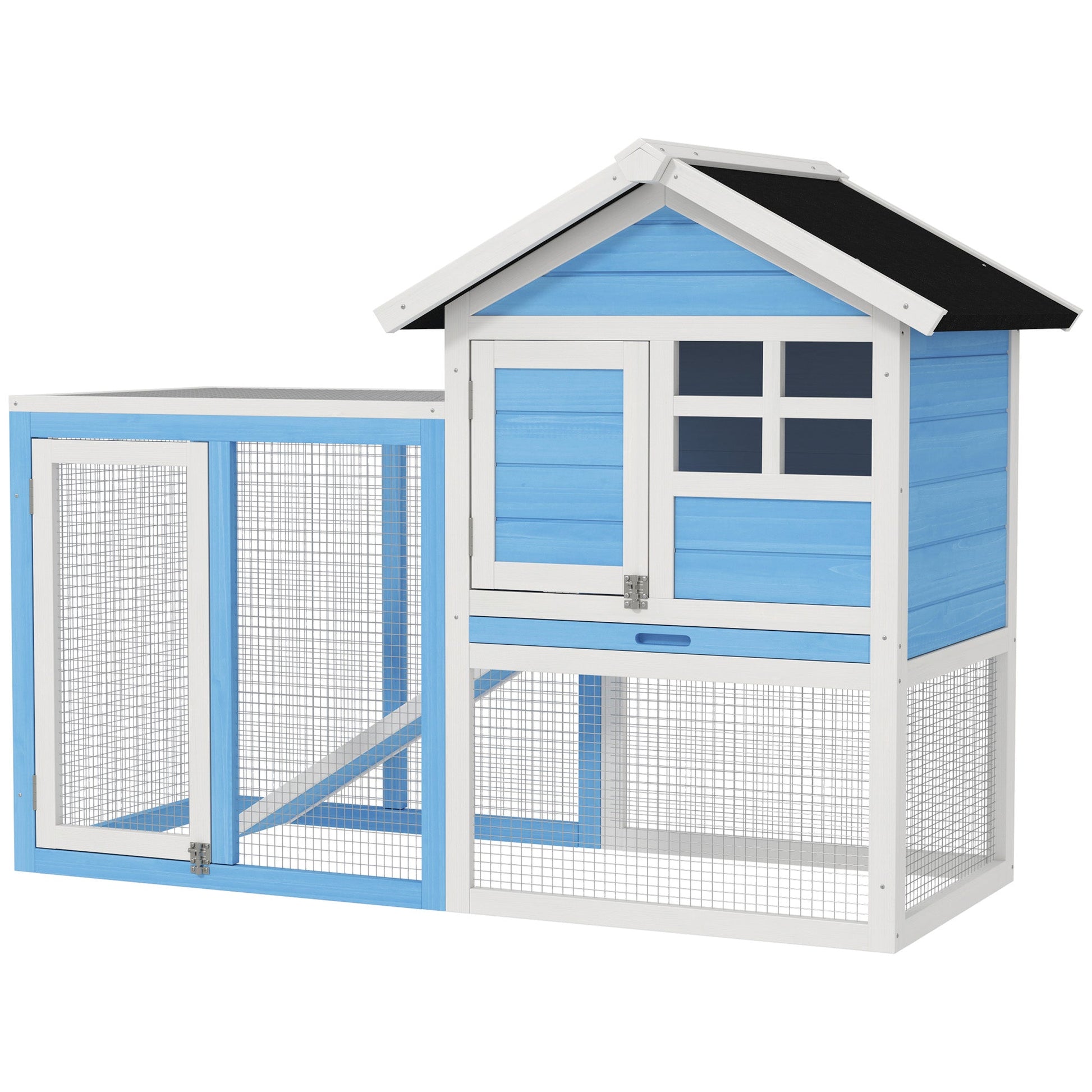 48" Weatherproof Wooden Rabbit Hutch With Slant Roof And Screened Outdoor Run, Light Blue