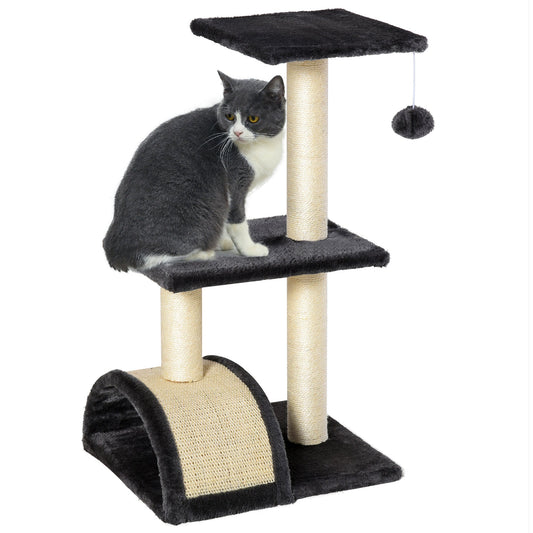 Cat Tree Tower for Indoor Cats, 28 Inches Climbing Activity Center w/ Sisal Scratching Post, Pad, Arc Perch, Hanging Ball, Toy, Grey and Cream White