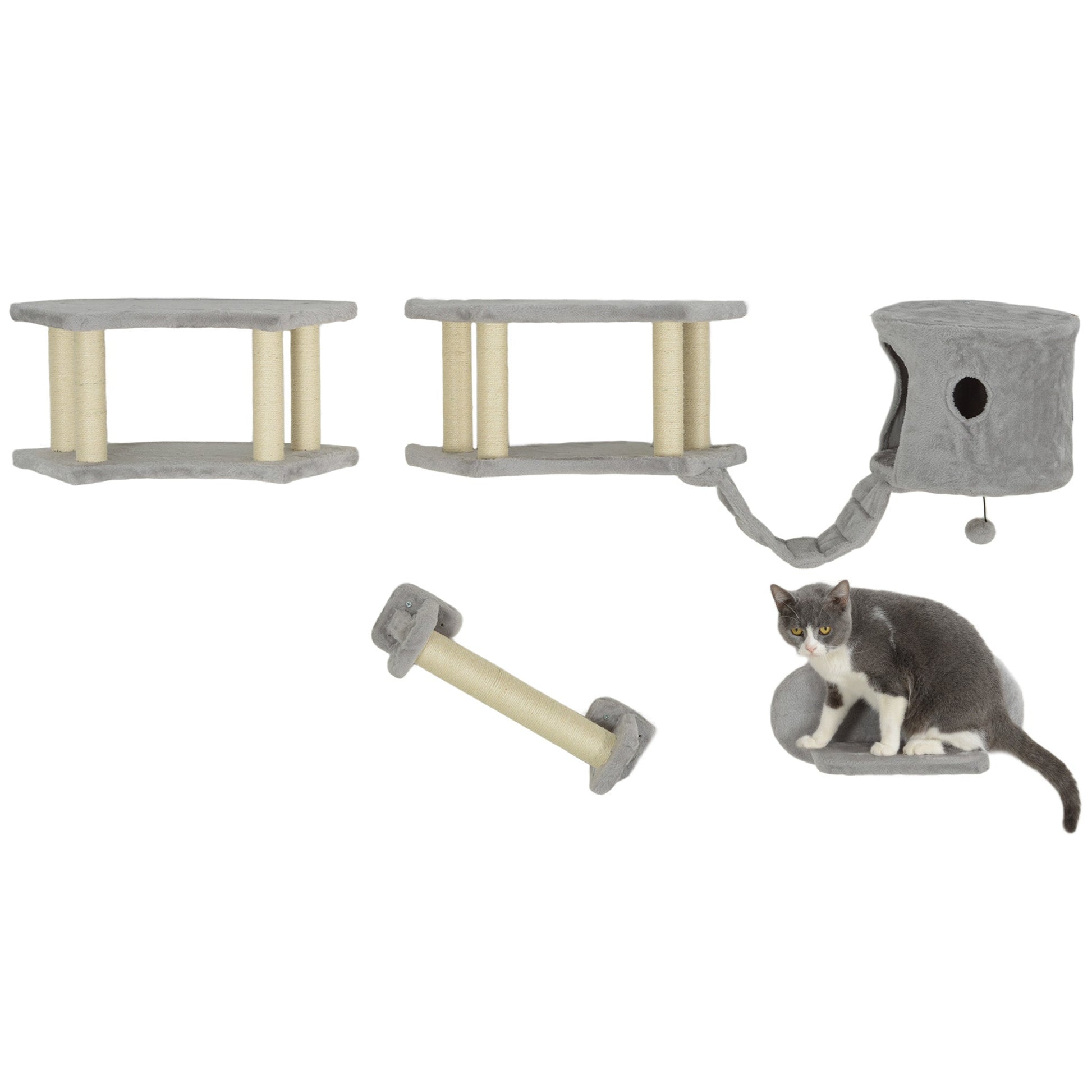 Cat Wall Shelves, 4PCs Cat Shelves with Scratching Post, Jumping Platforms, Ladder, Condo, Ceiling Wall Mounted Cat Climber, Light Grey