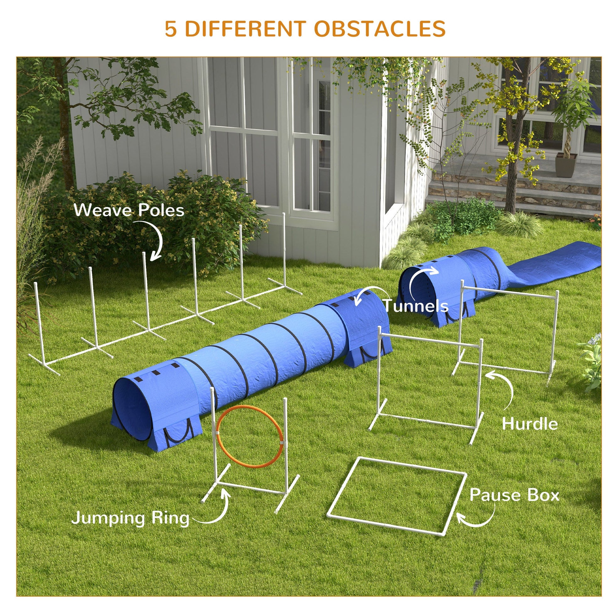 7Pcs Dog Agility Training Equipment 11.5KG Net Weight, Obstacle Starter Kit with 2 Tunnels, Adjustable Jump Ring, 2 Jumpers, Weave Poles, Pause Box, Carrying Bag, Whistle