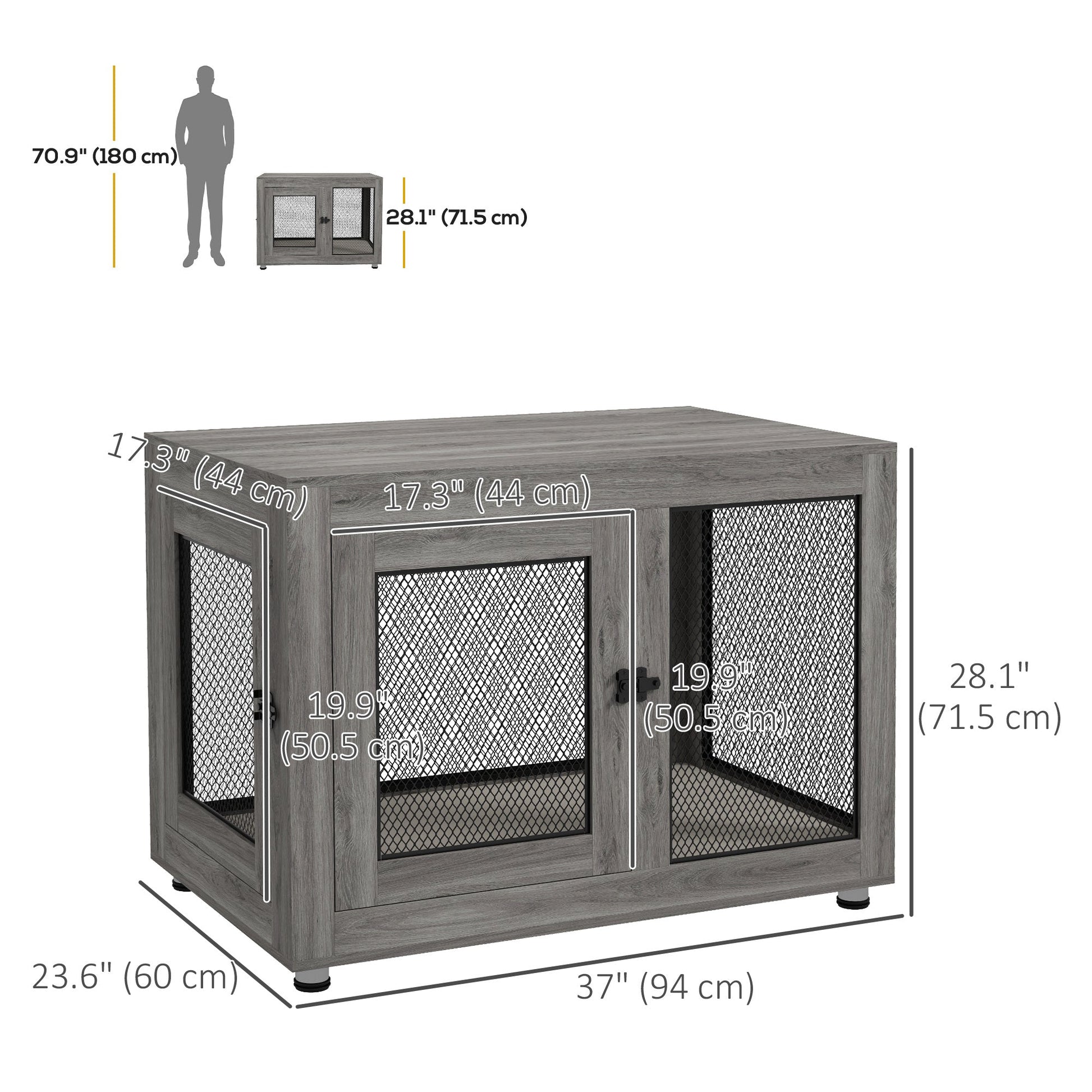 37in Dog Crate Furniture with Cushion, Indoor Pet Kennel End Table with 2 Doors, for Large Dogs, Grey