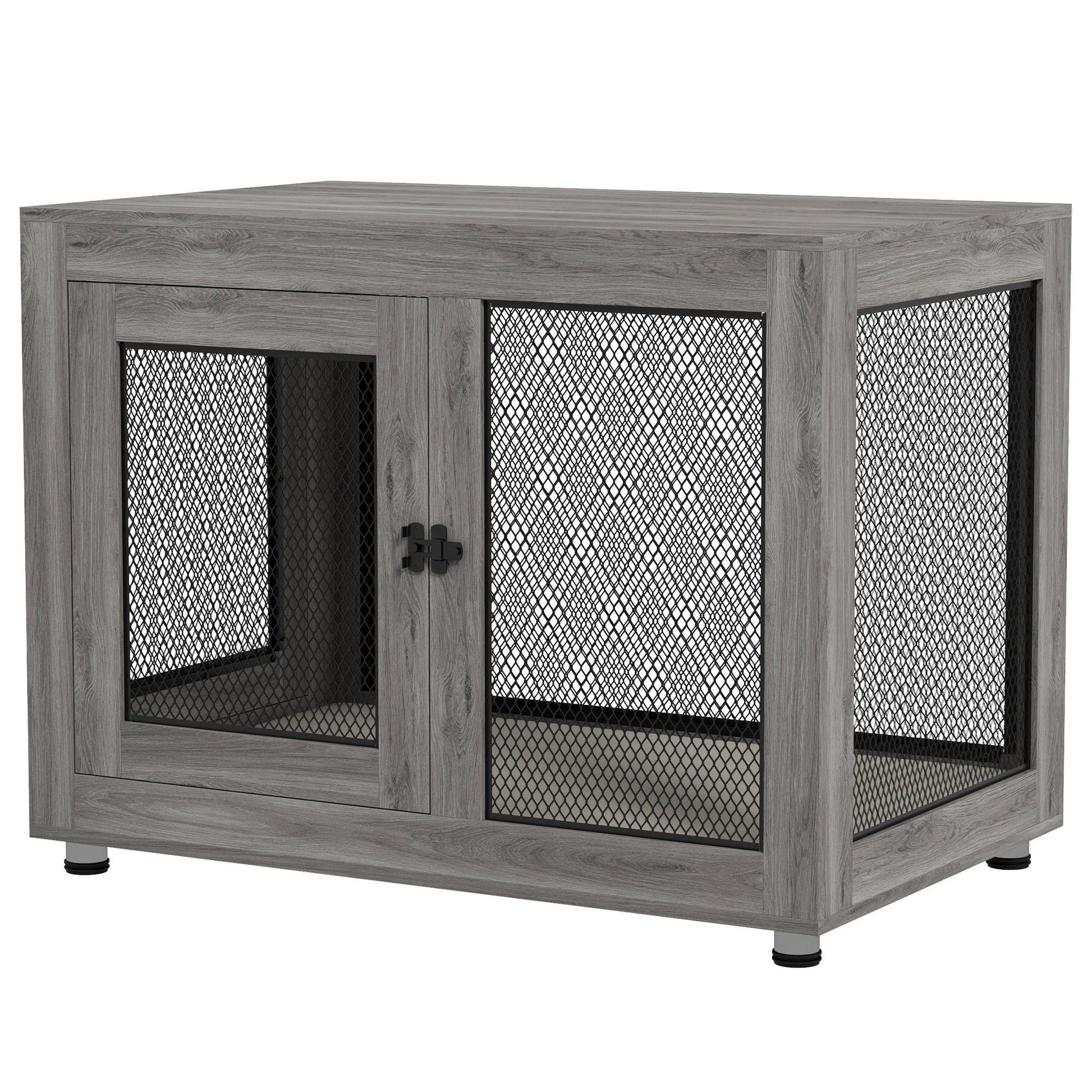 37in Dog Crate Furniture with Cushion, Indoor Pet Kennel End Table with 2 Doors, for Large Dogs, Grey