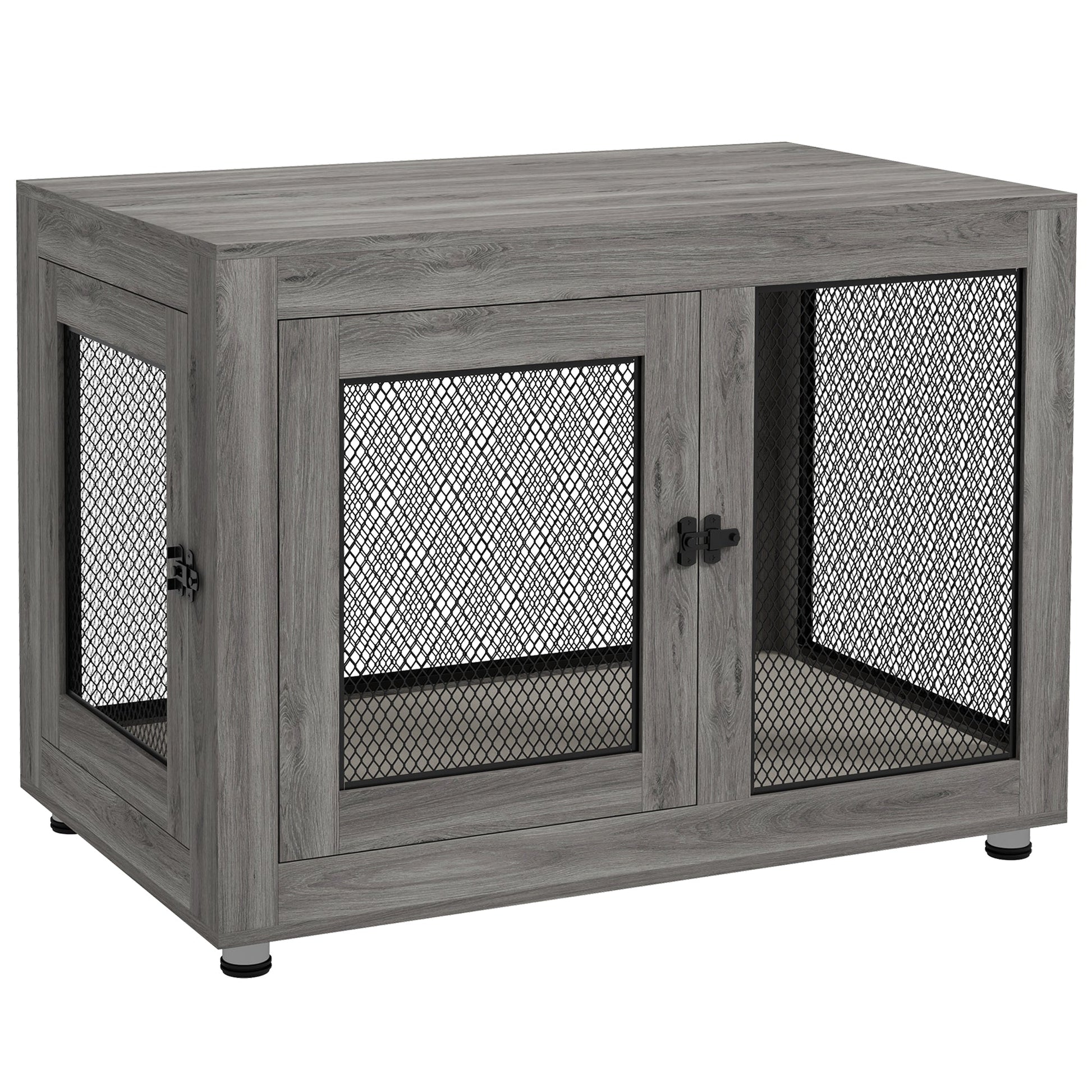 37in Dog Crate Furniture with Cushion, Indoor Pet Kennel End Table with 2 Doors, for Large Dogs, Grey